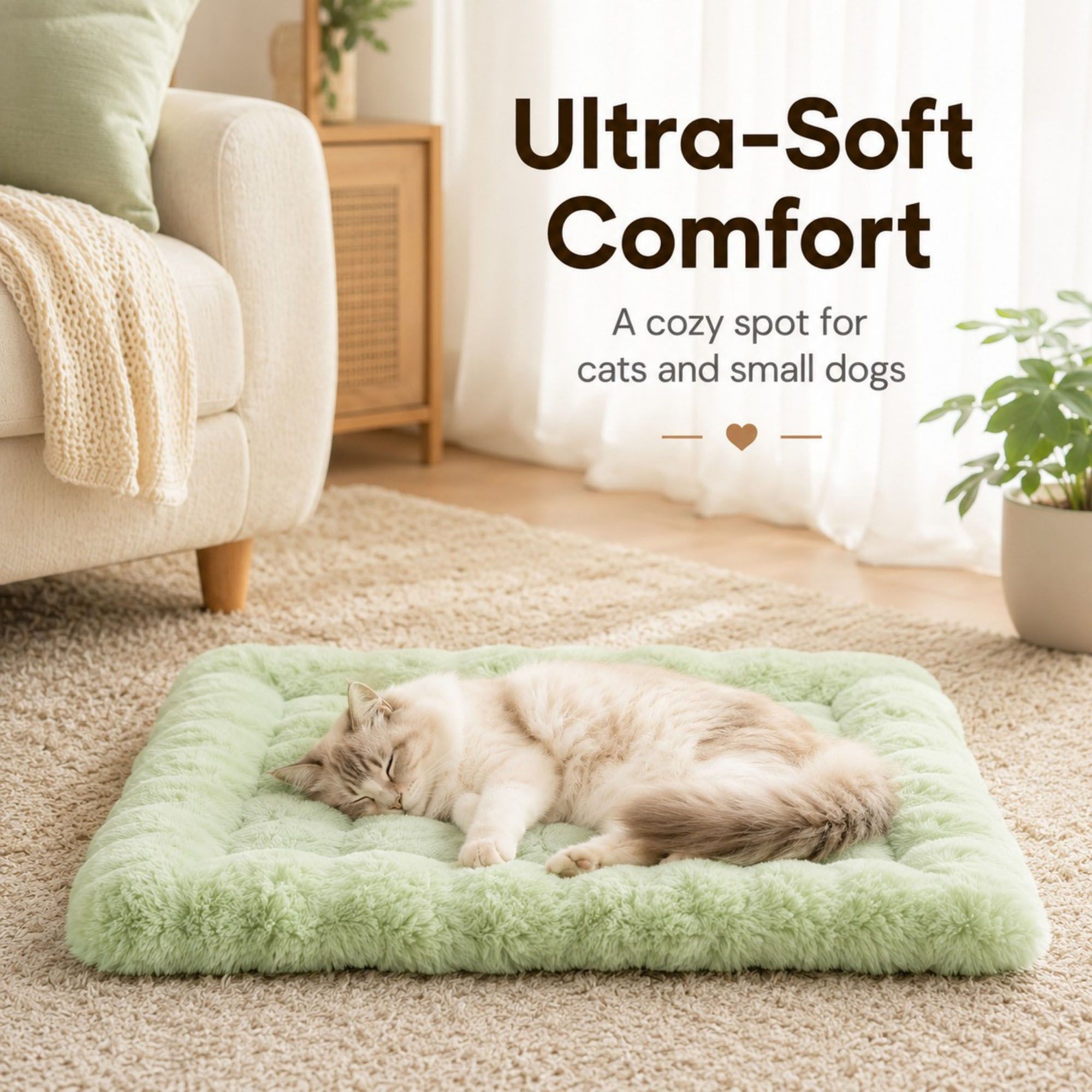 Plush Pet Mat for Cats and Small Dogs with Raised Border, Non-Slip Bottom and Machine-Washable Design
