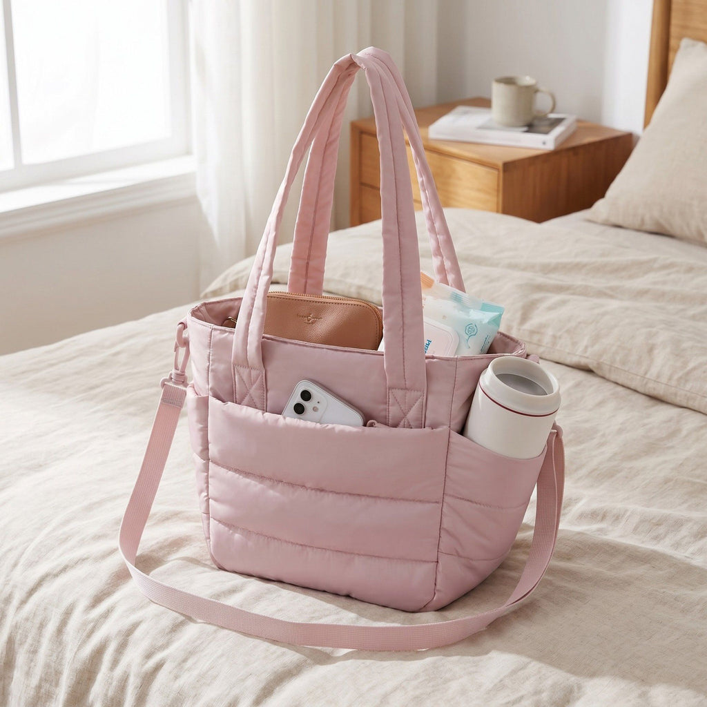 Quilted Puffer Tote Bag with Adjustable Shoulder Strap Multi Pocket Lightweight Carryall Handbag 13x6x10 in