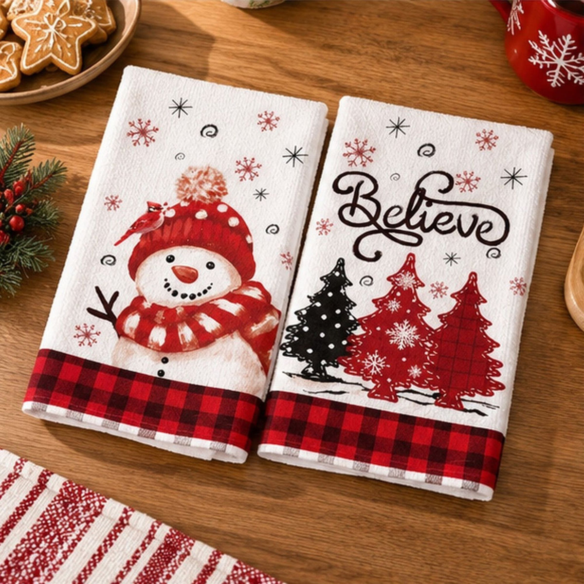 2-Pack Christmas Kitchen Towels 15.7x23.6in, Snowman & Tree Microfiber Holiday Towels