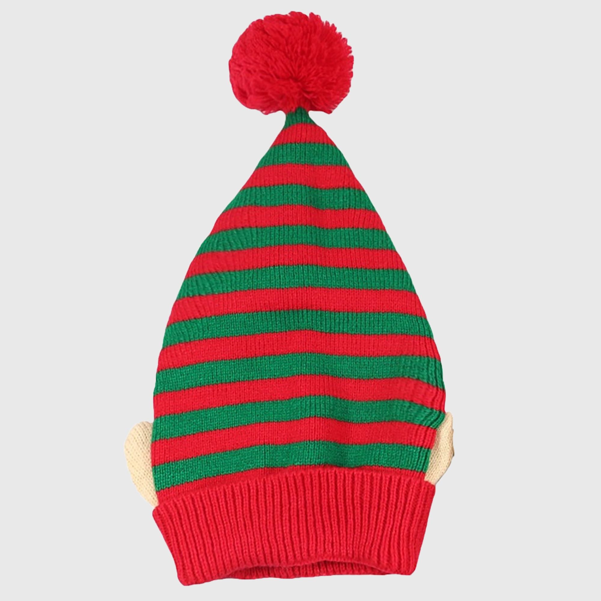 Anna-Kaci Women's Christmas Elf Striped Knit Hat Striped Beanie with Pom-Pom & Elf Ears for Holiday Parties & Festive Decor