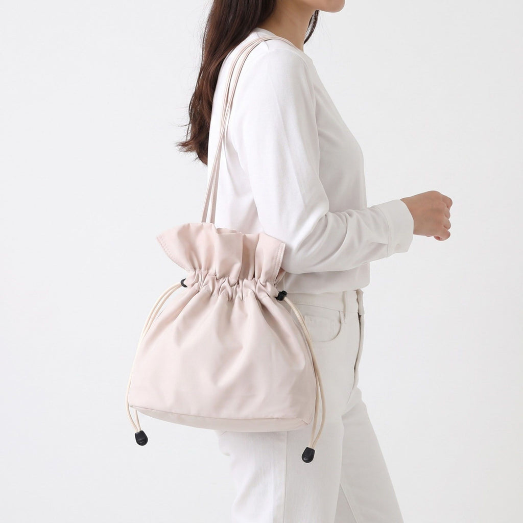 Drawstring Bucket Bag with Double Top Handles and Ruched Opening 11x9x4.5in