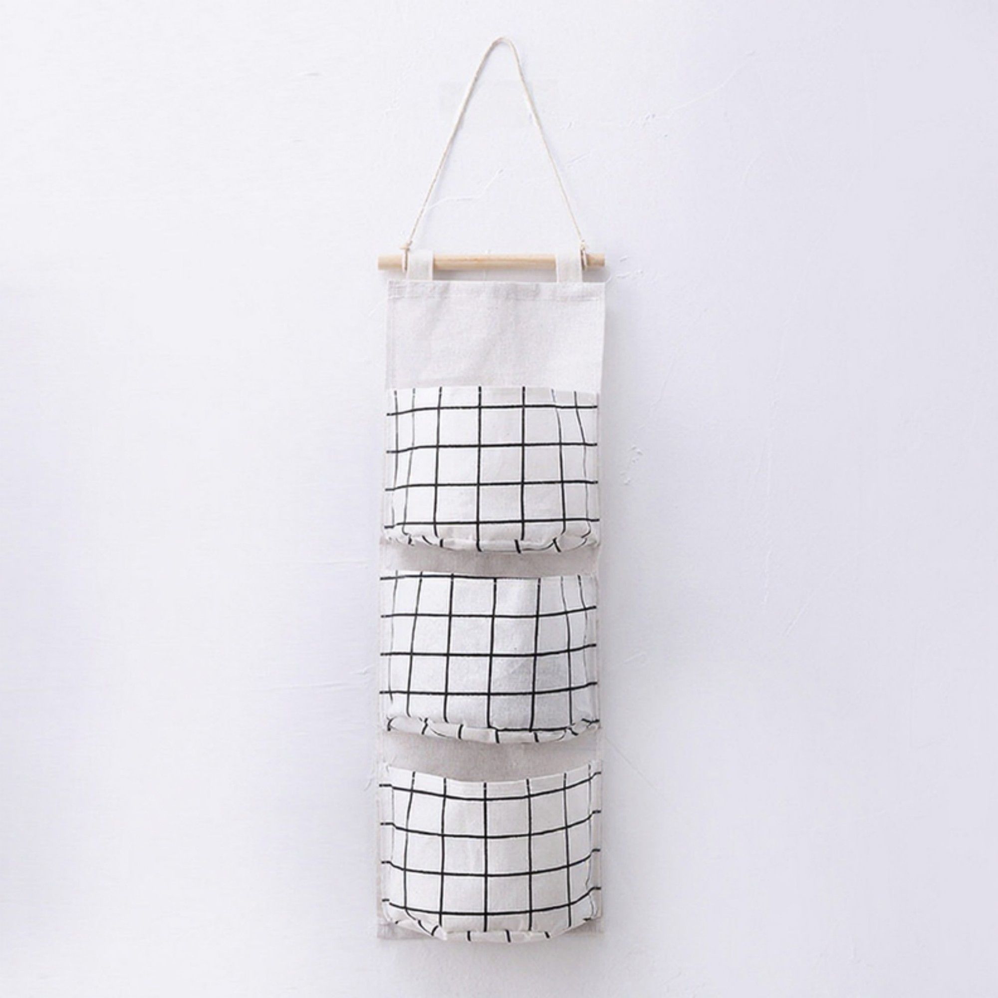 Hanging Wall Organizer with Three Pockets and Black Grid Pattern 22.5x7.8 in