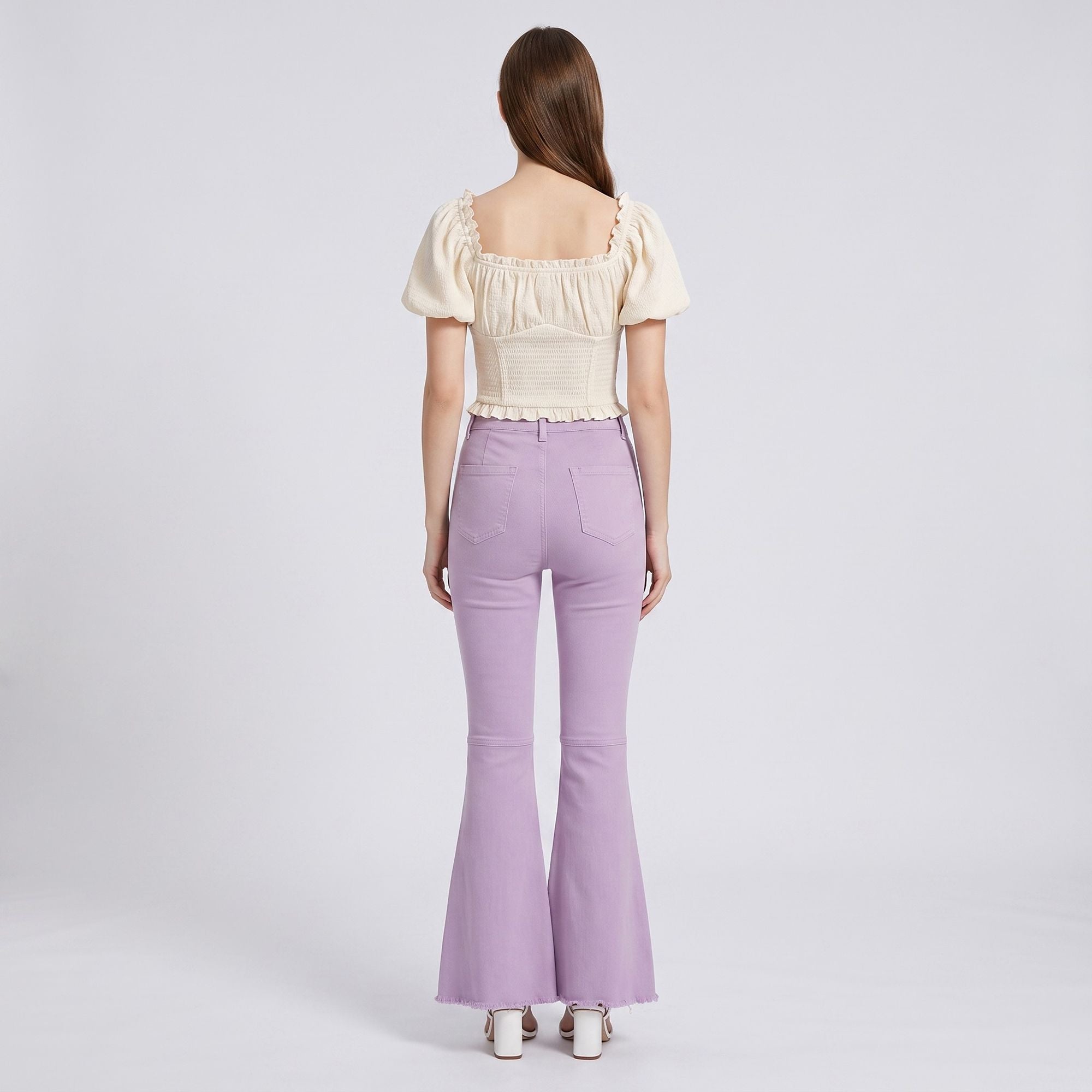 High Rise Flare Pants Button Front Stretch Wide Leg Hem Pants