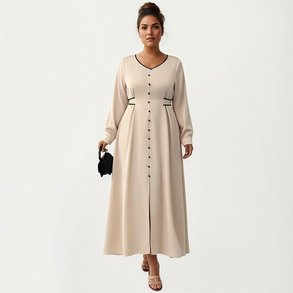 Anna-Kaci Women's Plus Size Long Sleeve Button Front Maxi Dress with V Neckline Contrast Trim and Defined Waist Detail