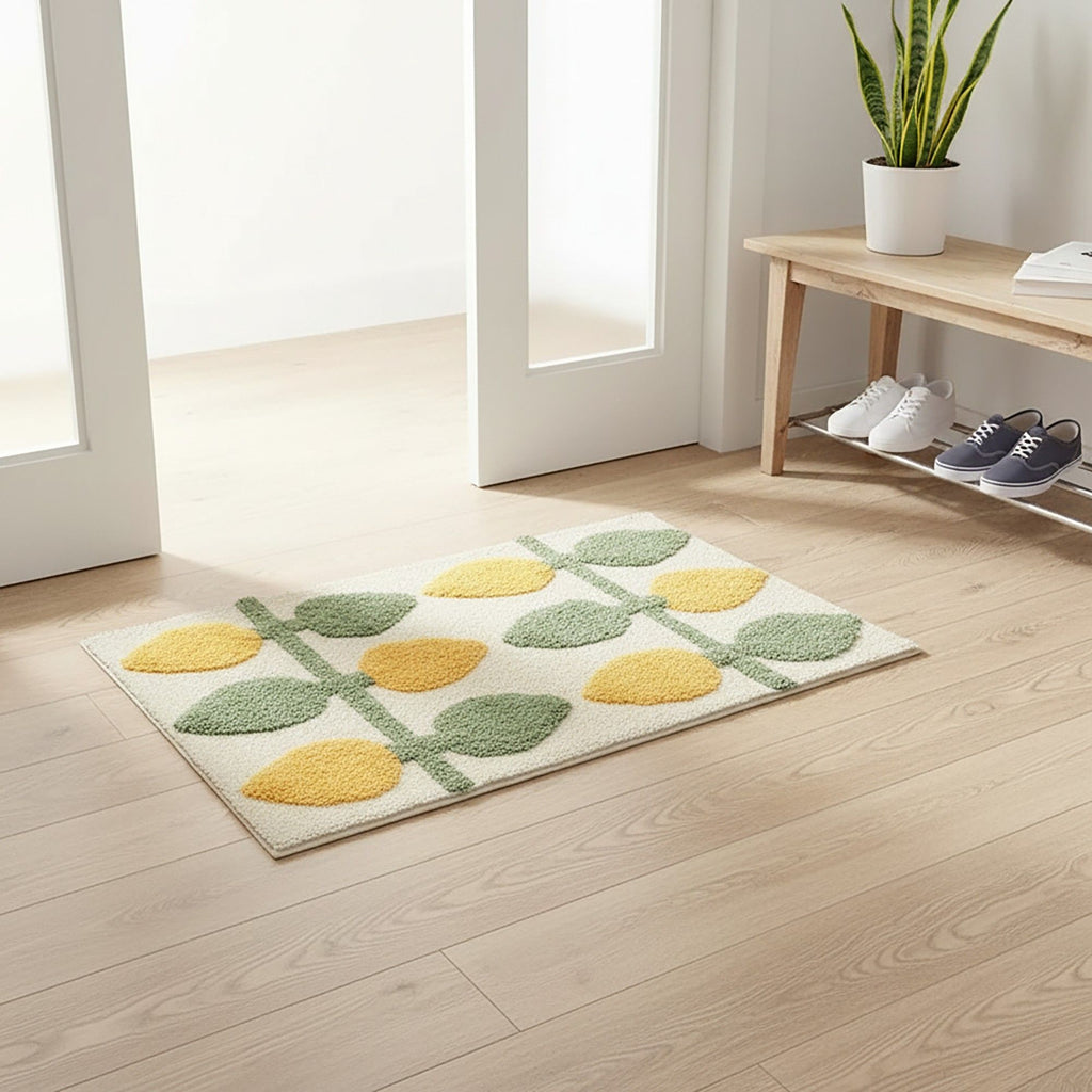Tufted Floor Mat with Floral Daisy Pattern Non Slip Backing Soft Plush Decorative Scalloped Edge Rug