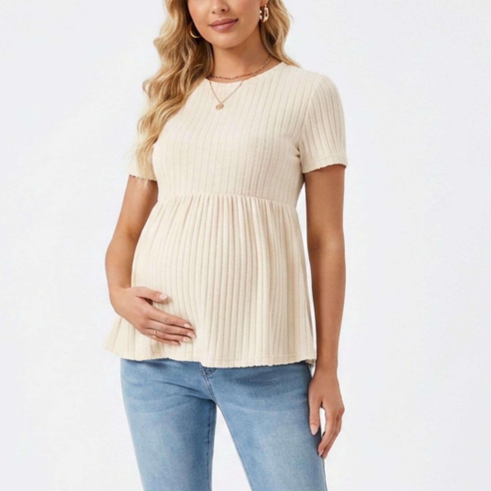 Anna-Kaci Women's Short Sleeve Rib Knit Peplum Maternity Top with Round Neck