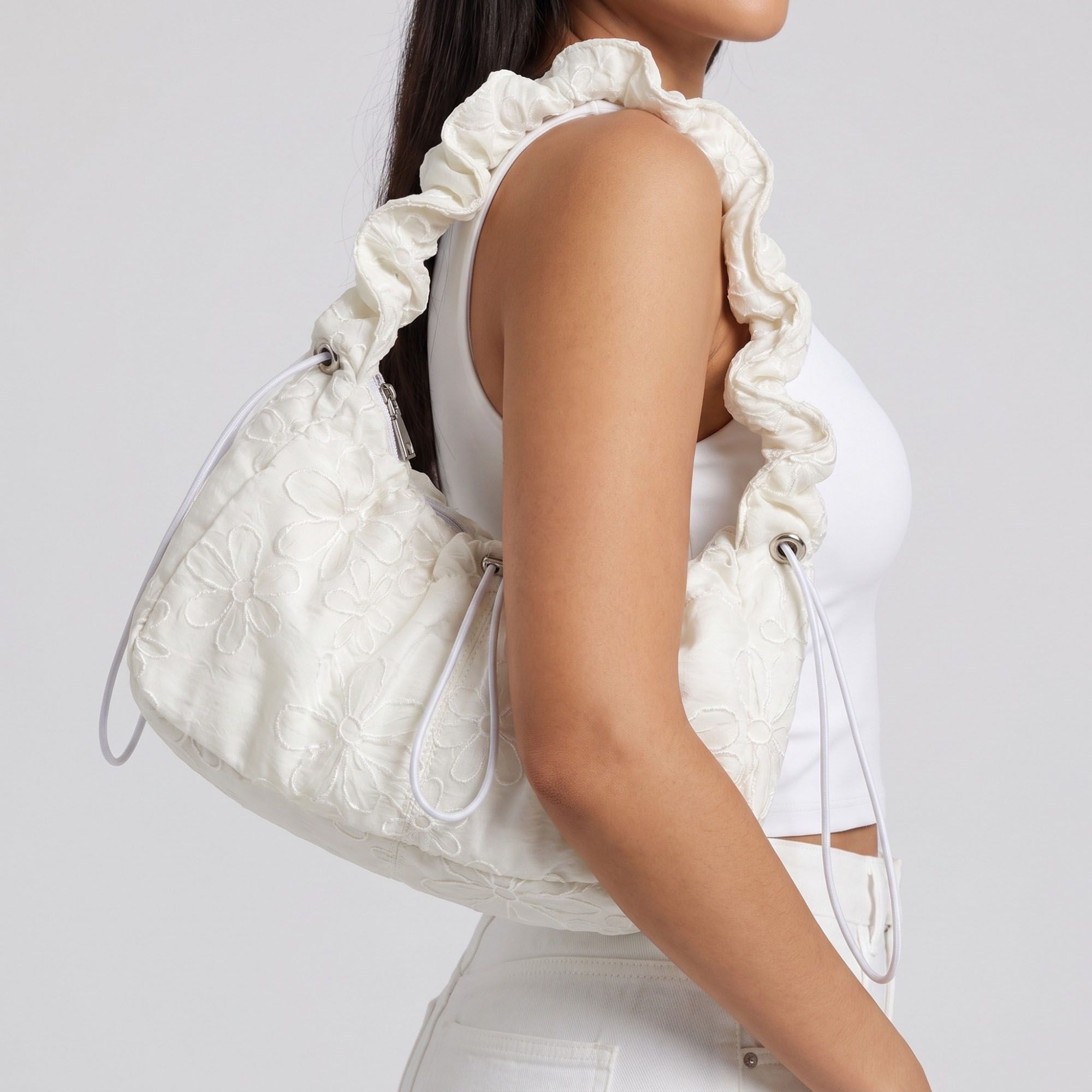 Floral Embroidered Ruched Shoulder Bag with Drawstring Closure 11x8.3x3in