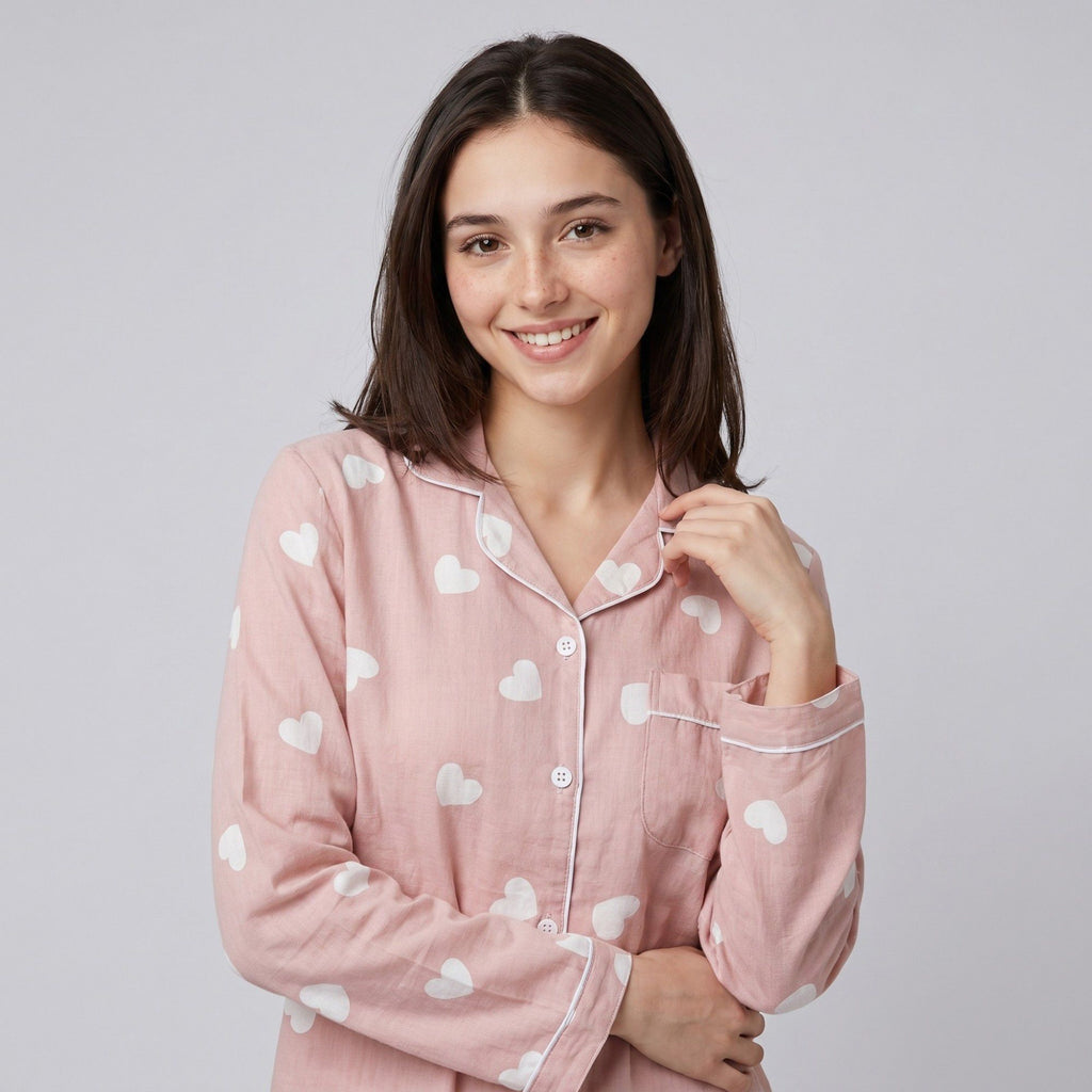 Anna-Kaci Lounge Women's 2-Piece Set Heart Print Button Front Pajama Top and Straight Leg Lounge Pants