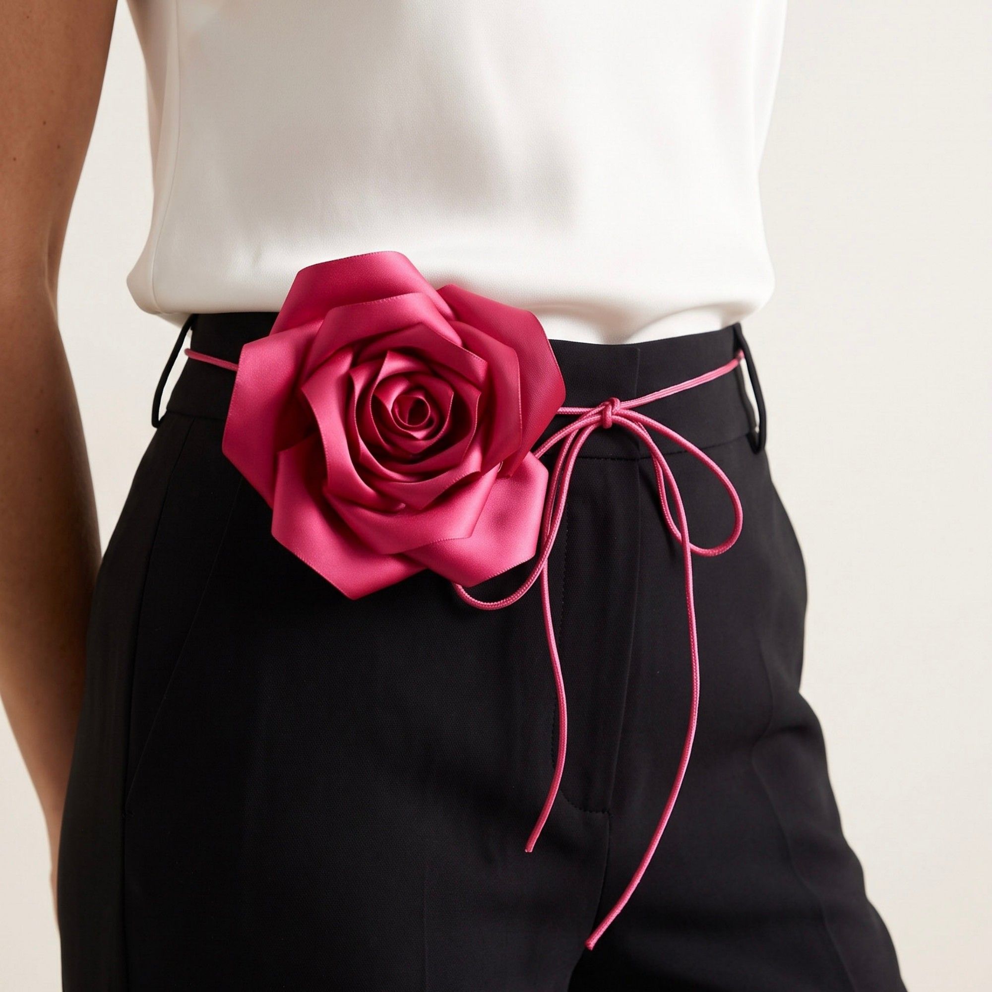Single Satin Rose Fabric Wrap Waist Belt Adjustable Floral Statement Waist Jewelry 43.3in