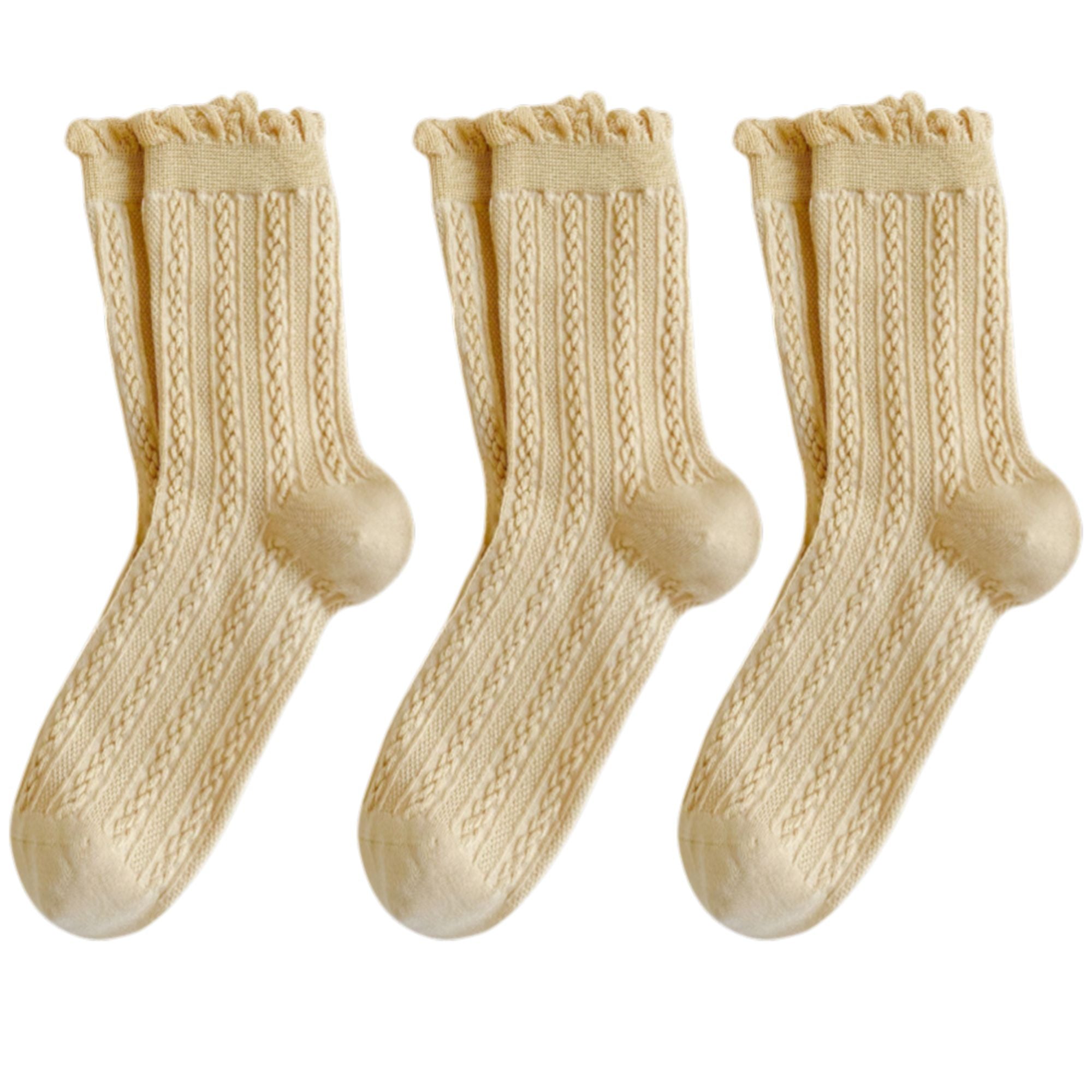 Anna-Kaci 3 Pairs Mid-Crew Cable Knit Socks with Ruffle Cuffs Soft Stretchy Vintage-Inspired Design