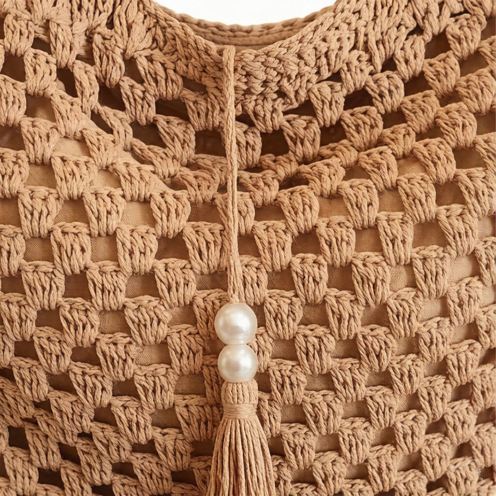 Crochet Shoulder Bag with Tassel Detail Soft Knit Handbag Lightweight Casual Everyday Tote