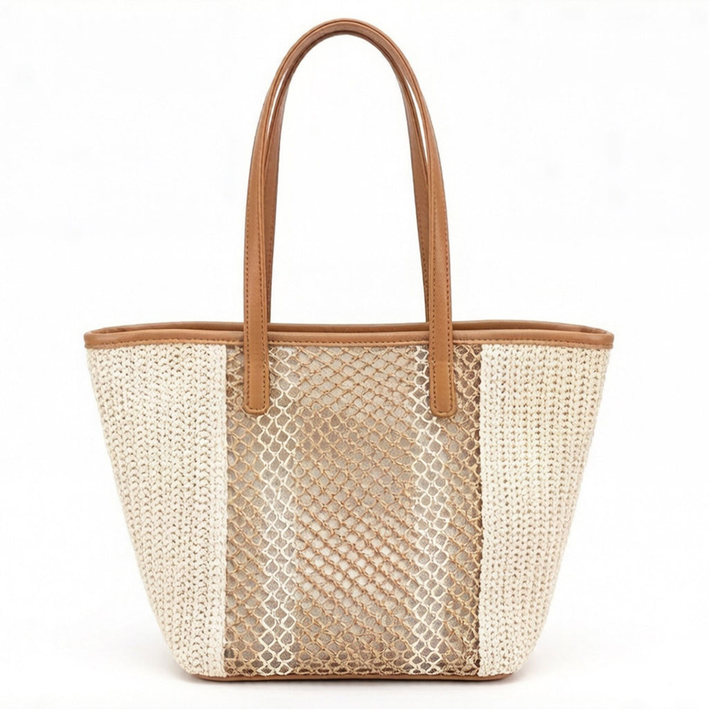 Woven Crochet Tote Bag with Textured Panel Design Leather Shoulder Strap Lightweight Handbag