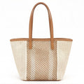 Woven Crochet Tote Bag with Textured Panel Design Leather Shoulder Strap Lightweight Handbag