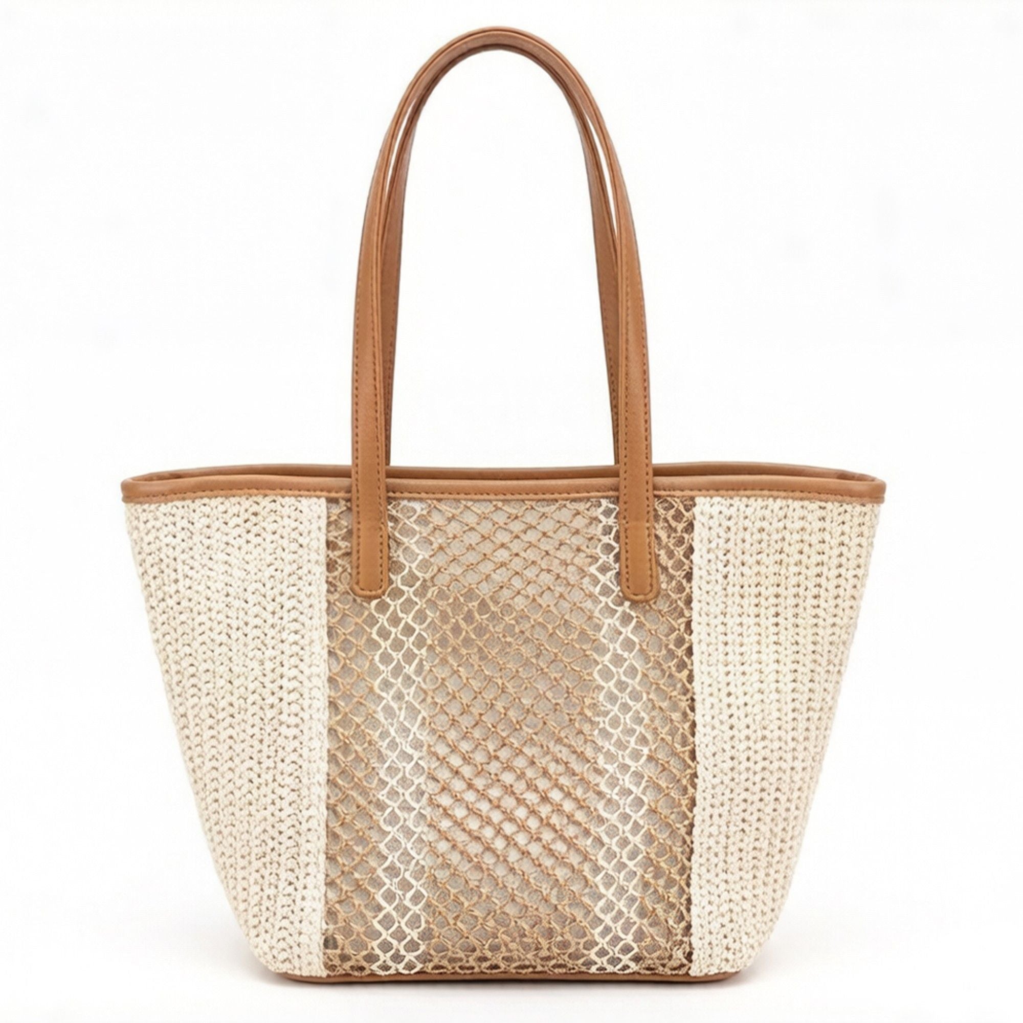 Woven Crochet Tote Bag with Textured Panel Design Leather Shoulder Strap Lightweight Handbag