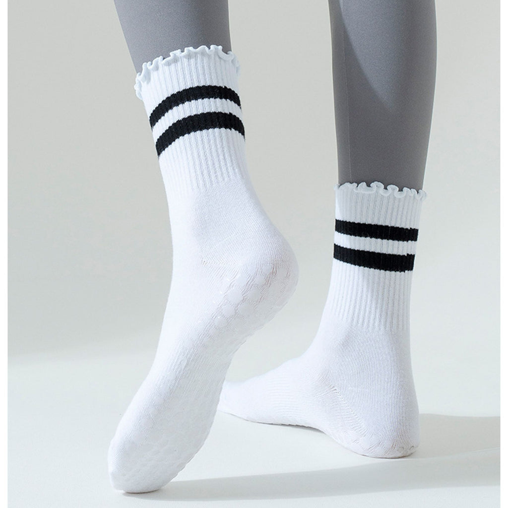 Anna-Kaci Women's 2-Pack Non-Slip Athletic Crew Socks with Ruffle Cuff and Stripe Detail Soft Stretch Fit