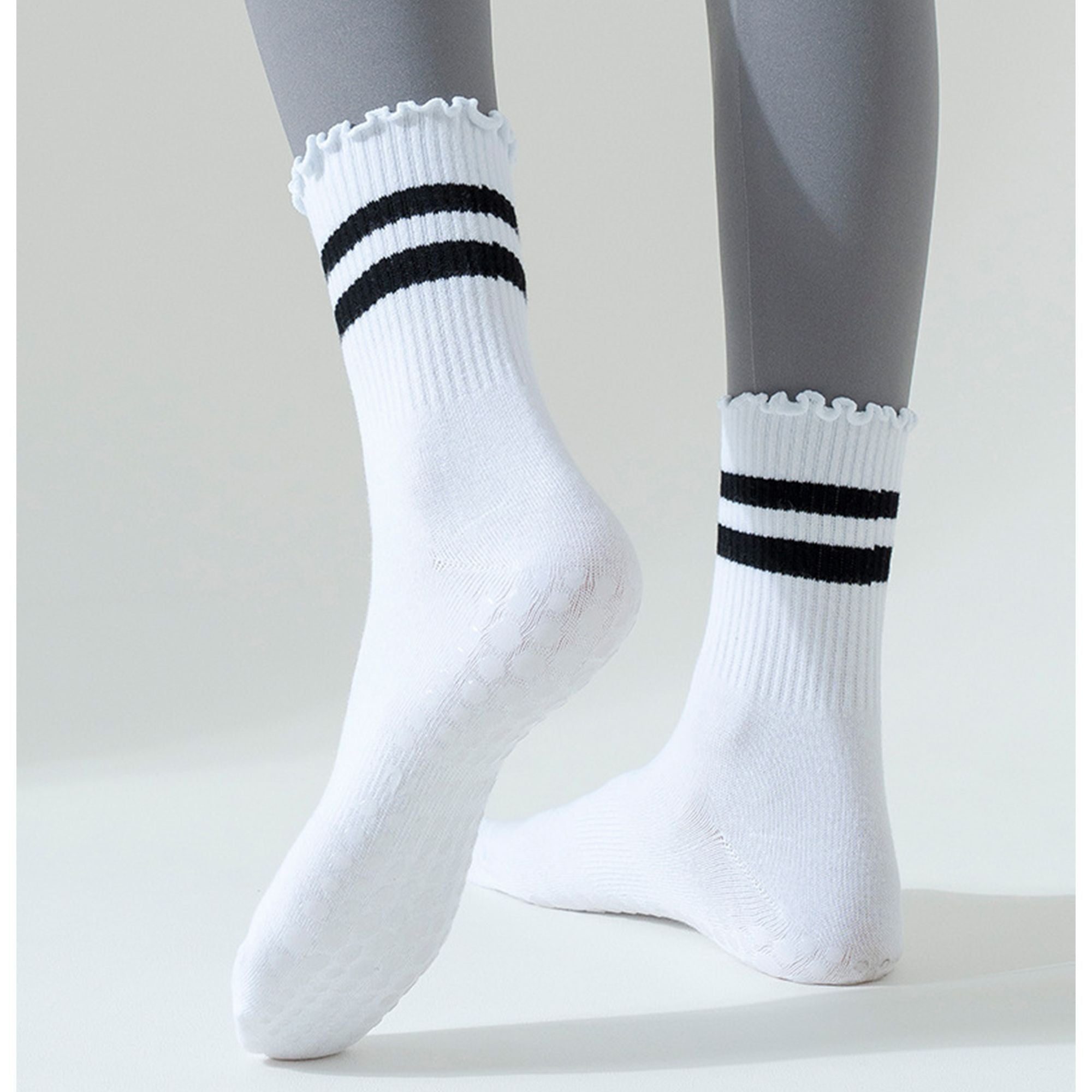 Anna-Kaci Women's 2-Pack Non-Slip Athletic Crew Socks with Ruffle Cuff and Stripe Detail Soft Stretch Fit