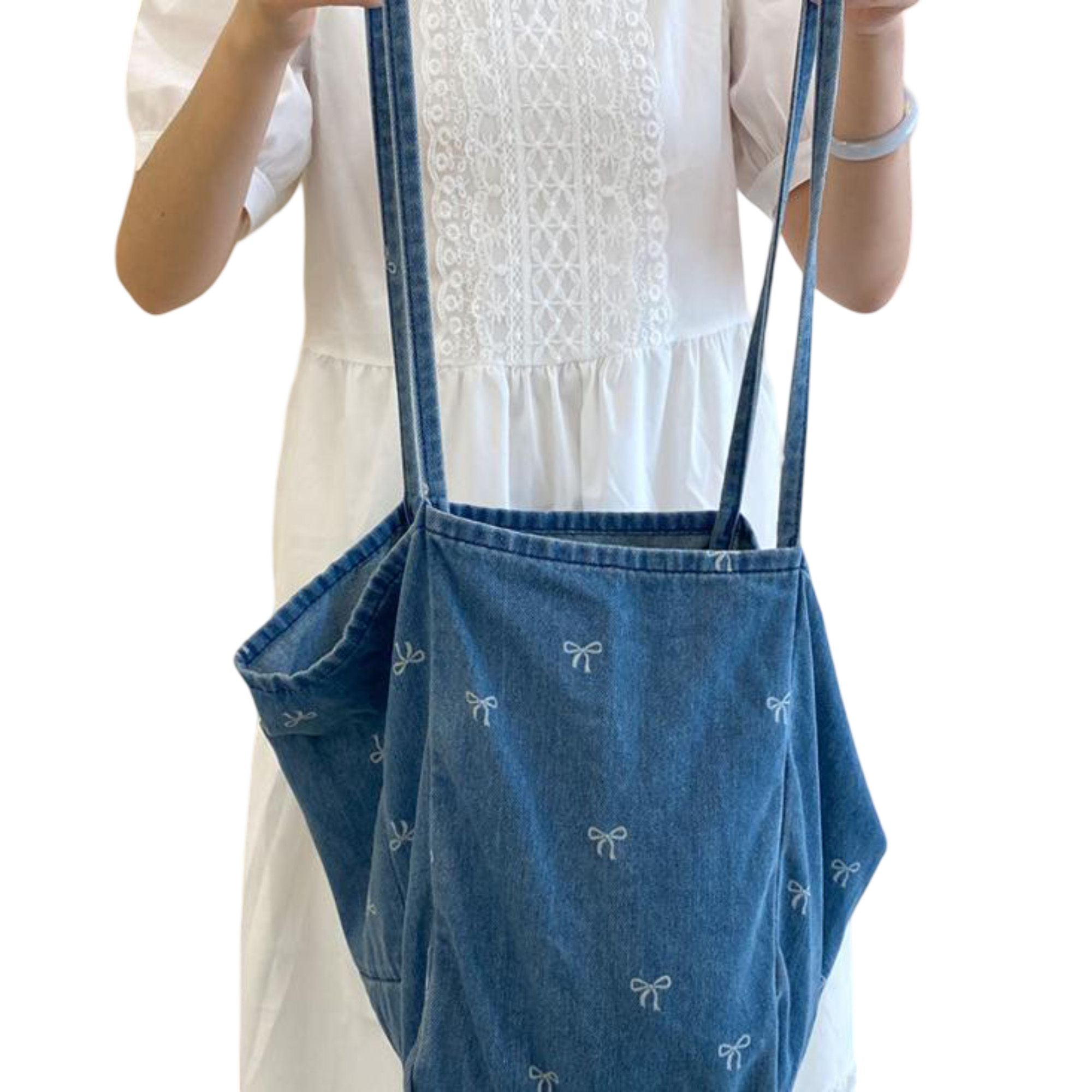 Denim Tote Bag with Printed Bow Design and Large Spacious Interior