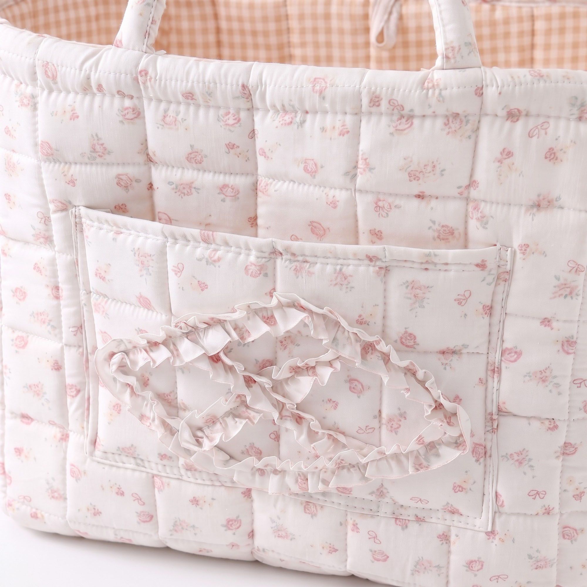 Floral Quilted Fabric Storage Tote with Handles and Pocket