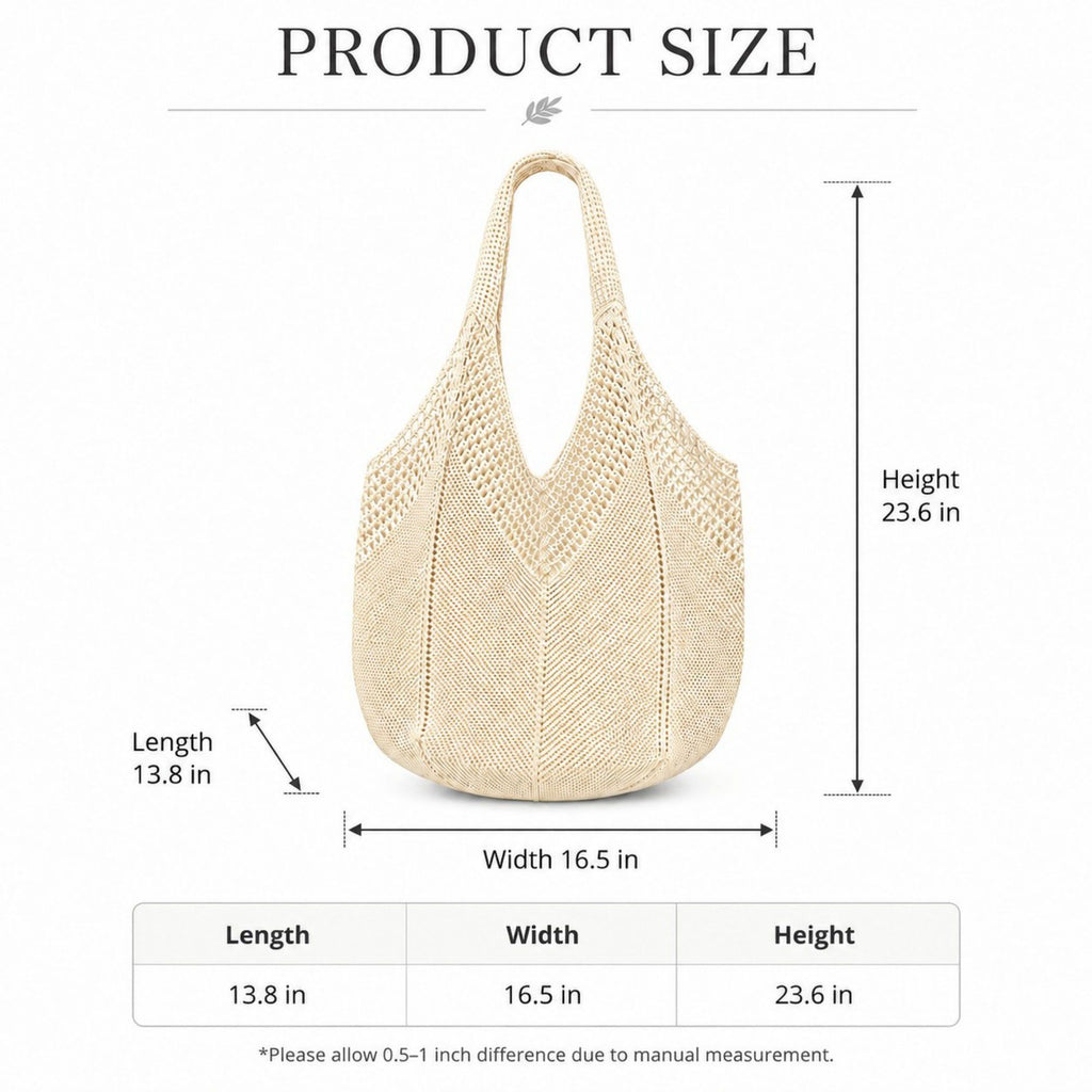 Crochet Knit Tote Bag Openwork Shoulder Bag with Heart Inspired Detail