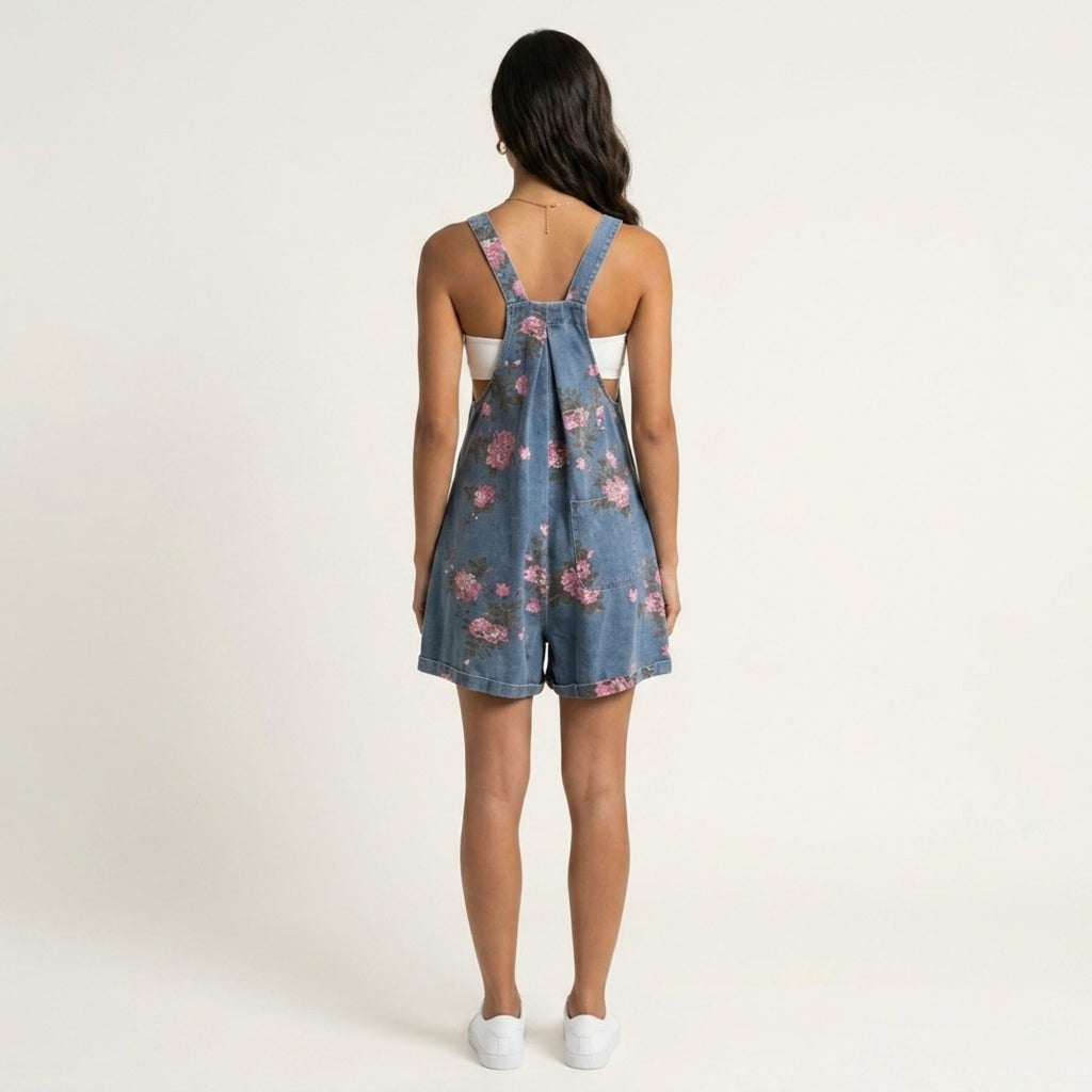 Anna-Kaci Women's Floral Denim Overall Romper Adjustable Strap Sleeveless Shortalls Loose Fit