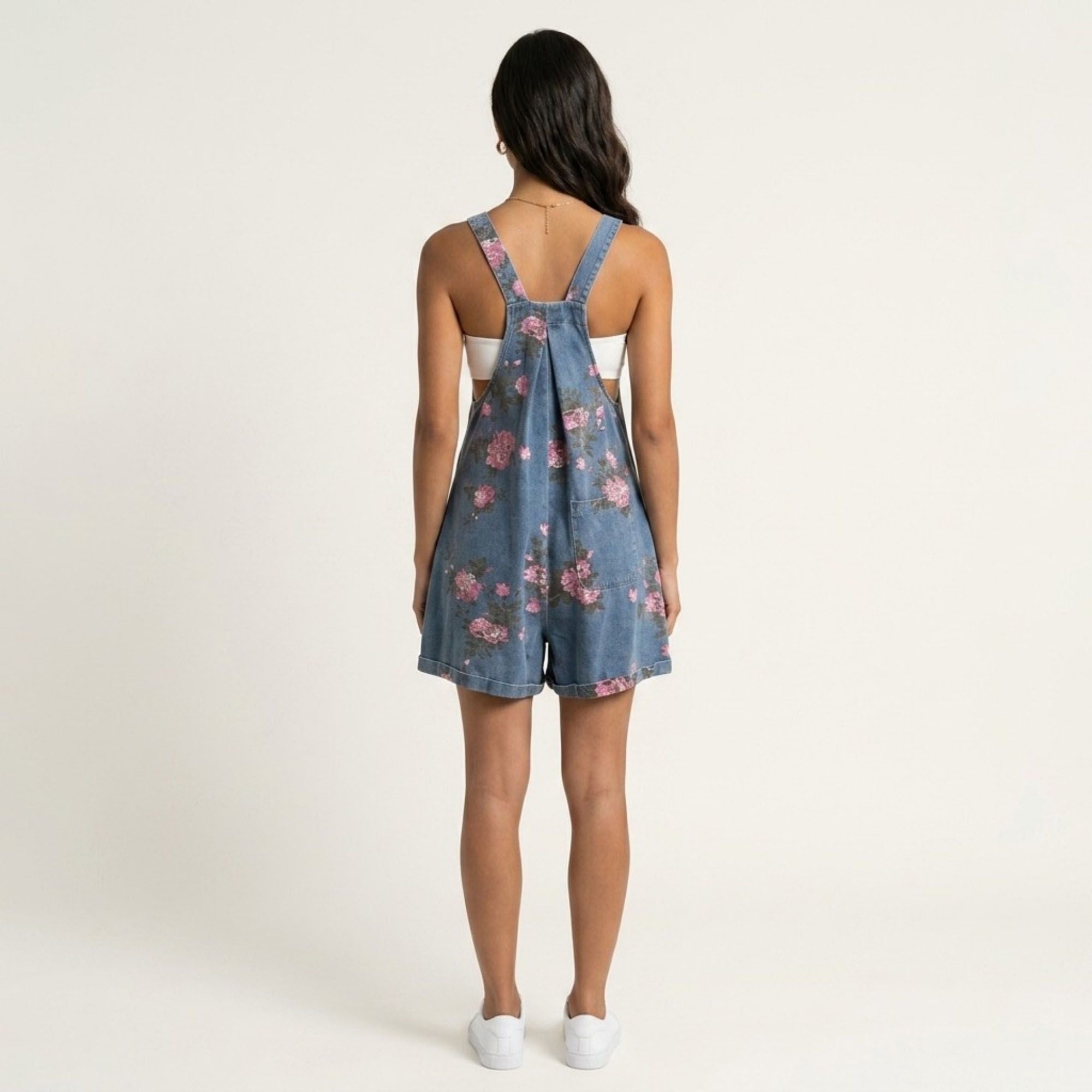Anna-Kaci Women's Floral Denim Overall Romper Adjustable Strap Sleeveless Shortalls Loose Fit