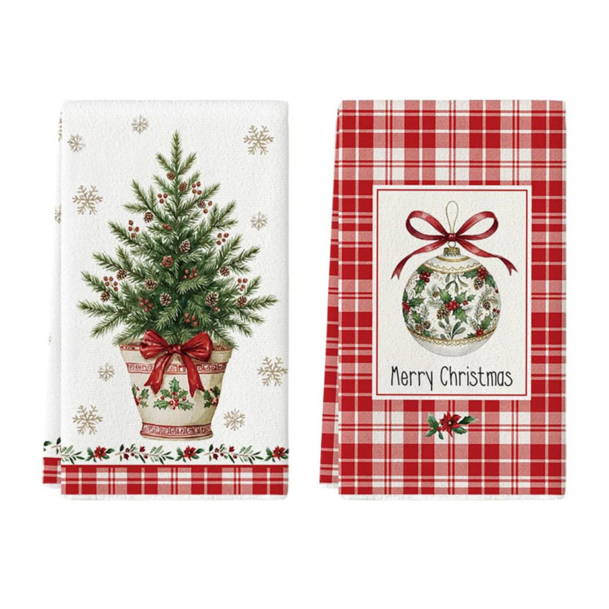 2-Pack Christmas Kitchen Towels 15.7x23.6in, Green Tree & Ornament Microfiber Towels