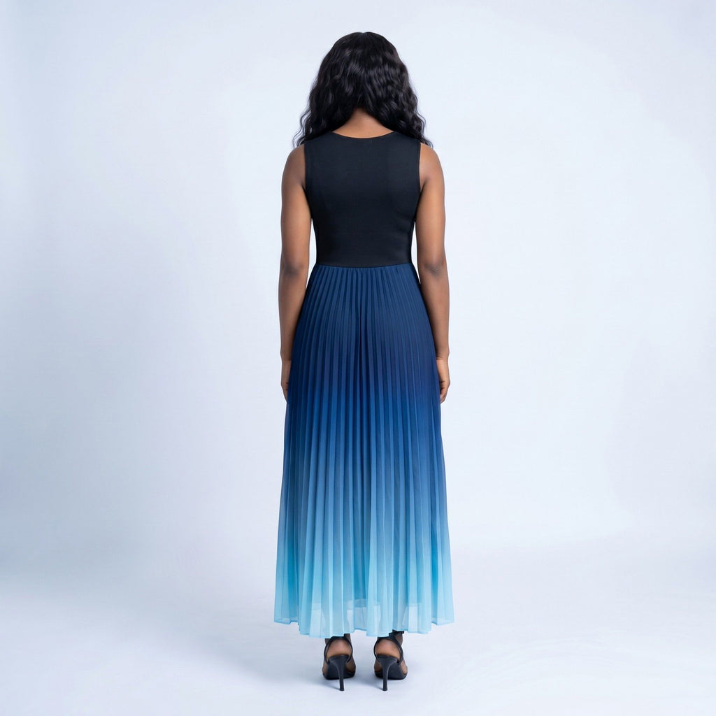 Anna-Kaci Women's Sleeveless High Neck Pleated Ombre A-Line Maxi Dress with Flowy Skirt