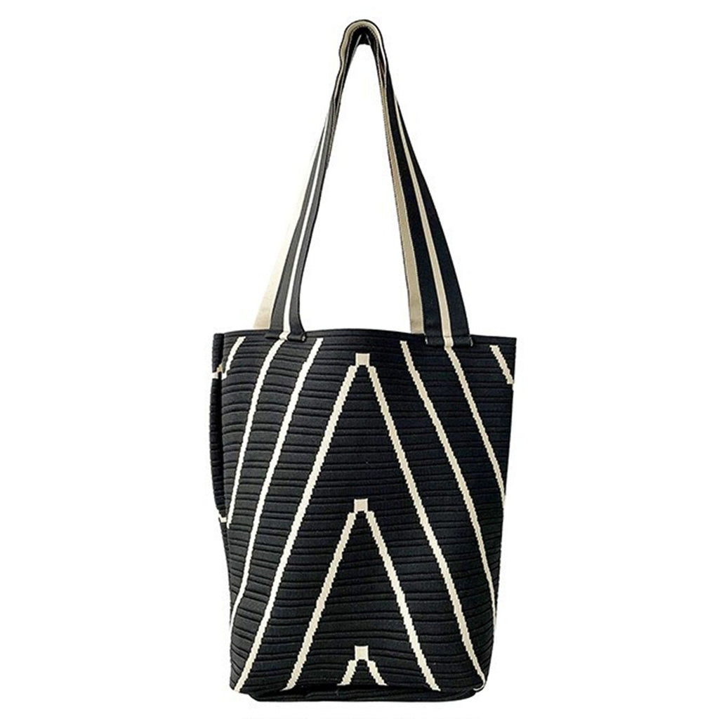 Geometric Stripe Knit Tote Bag with Long Shoulder Straps