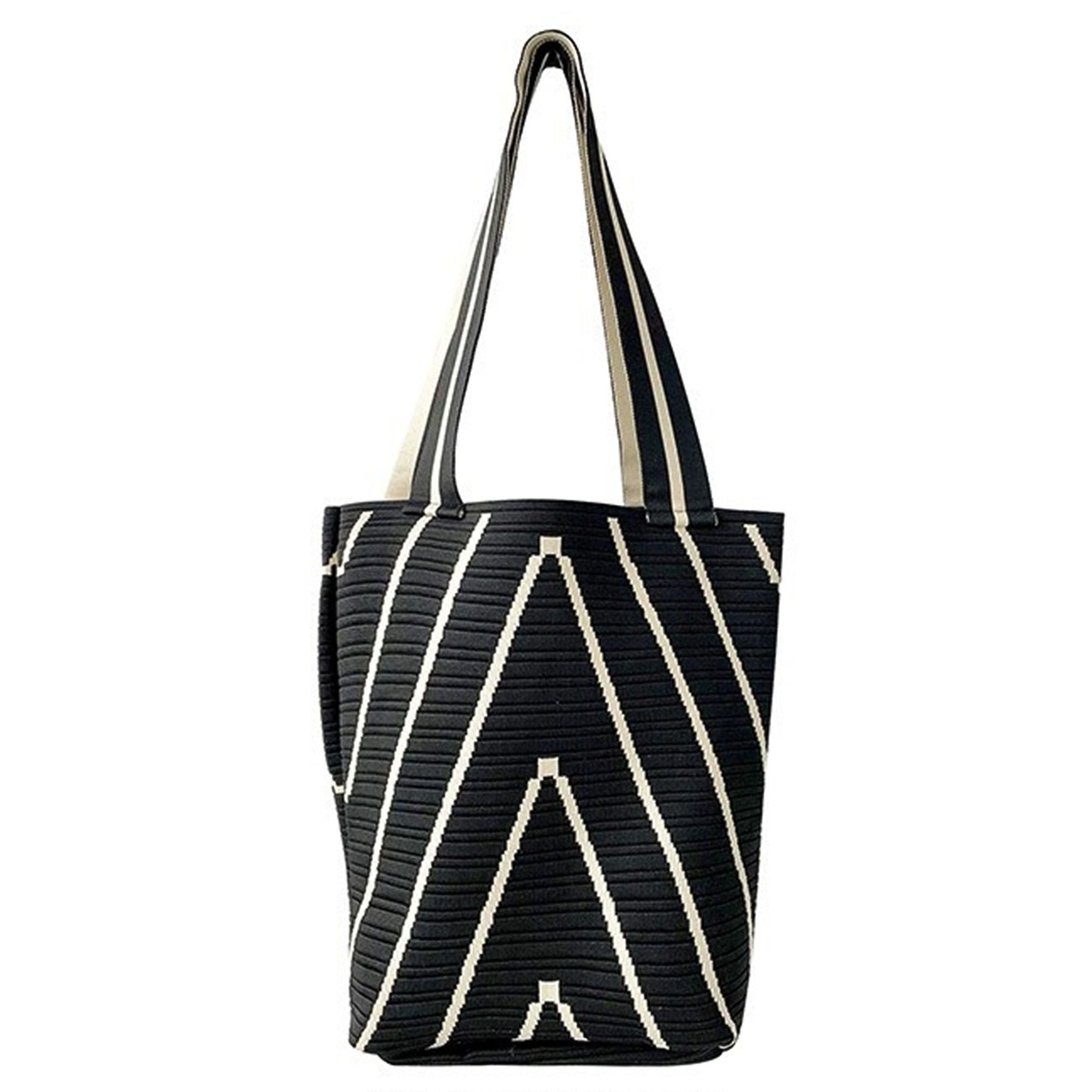 Geometric Stripe Knit Tote Bag with Long Shoulder Straps