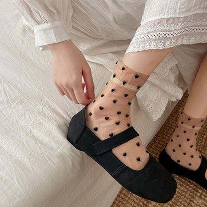 Anna-Kaci Women's Sheer Crew Socks with Flocked Heart Pattern and Reinforced Toe and Heel 2-Pack