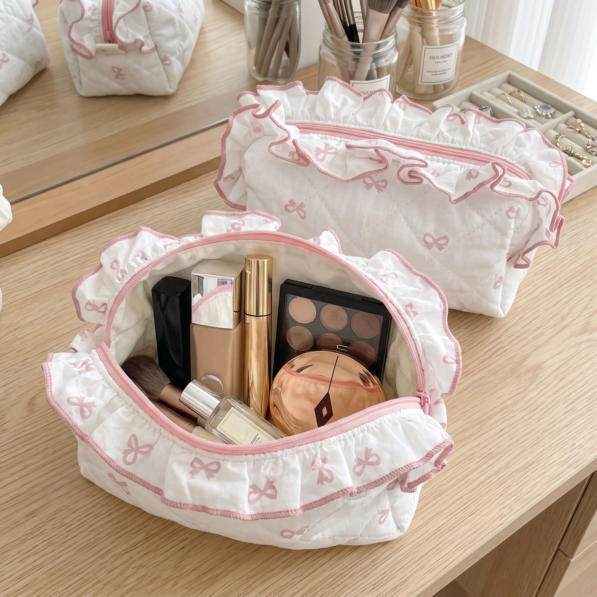 Womens Quilted Bow Print Cosmetic Bag with Ruffle Trim
