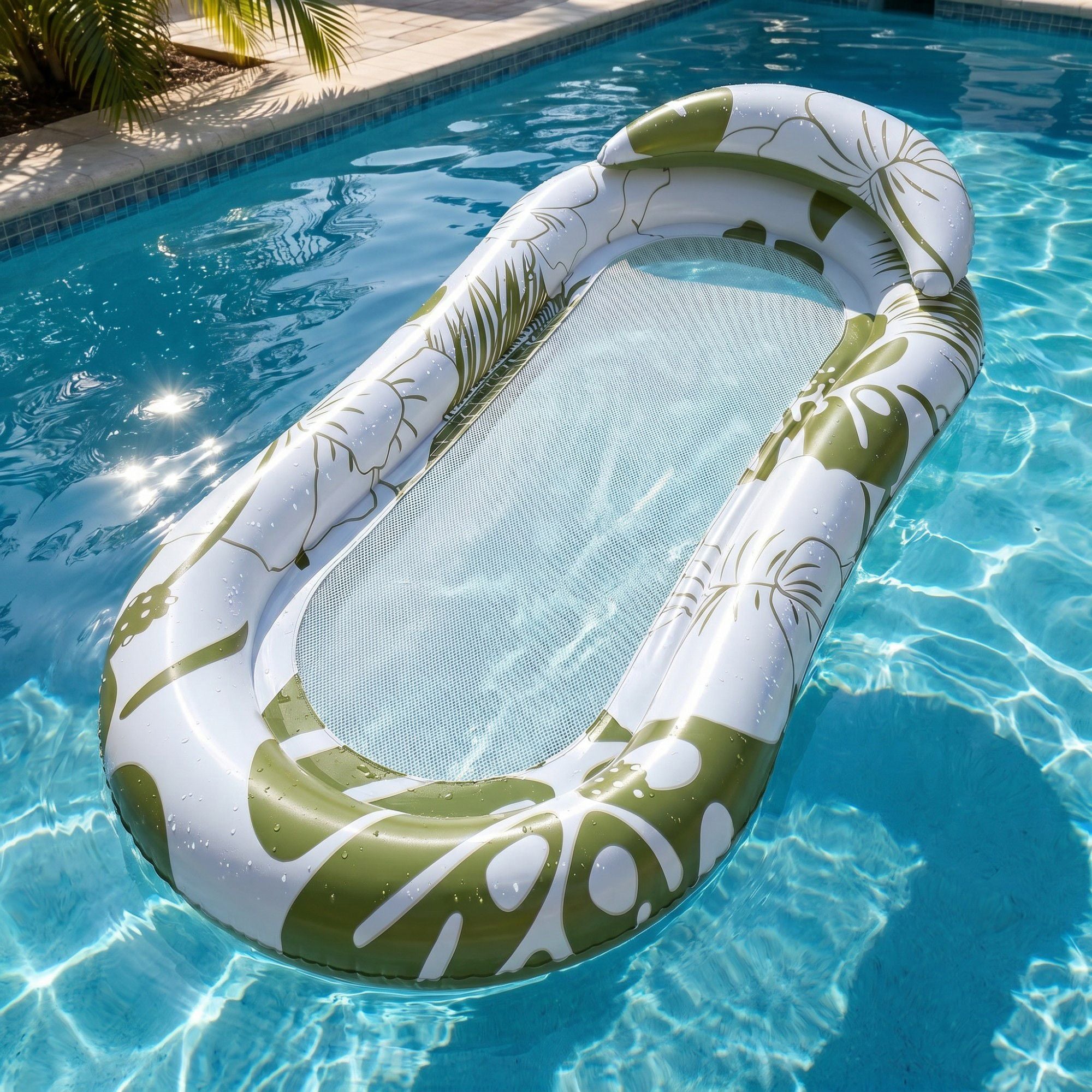 Pink Floral Inflatable Pool Lounger with Mesh Center