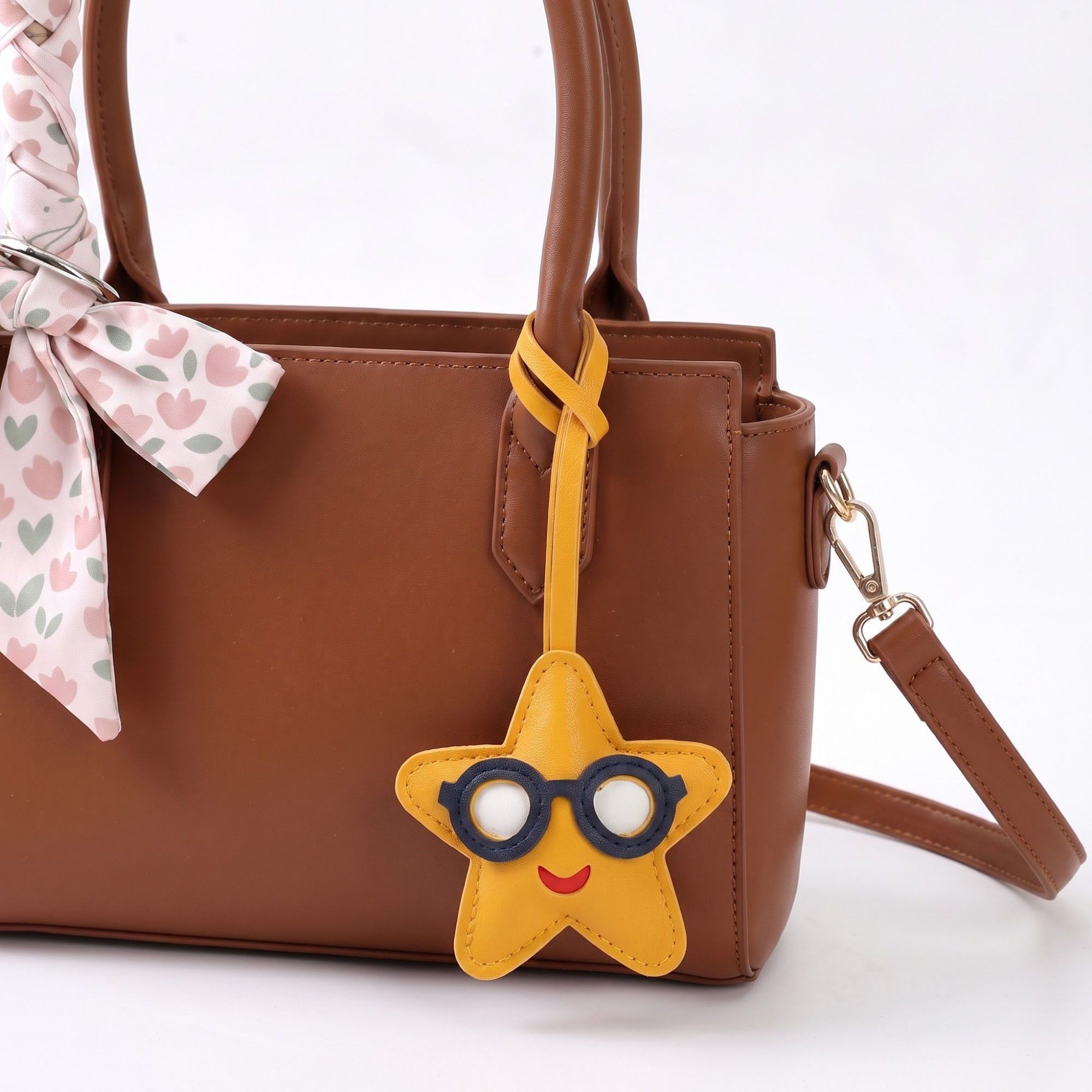 2-Piece Womens Faux Leather Bag Charm with Long Hanging Strap and Layered Detail