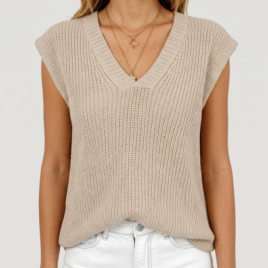 Anna-Kaci Women's Sleeveless Knit Sweater Vest with V Neck Ribbed Trim Relaxed Fit Textured Pullover Top
