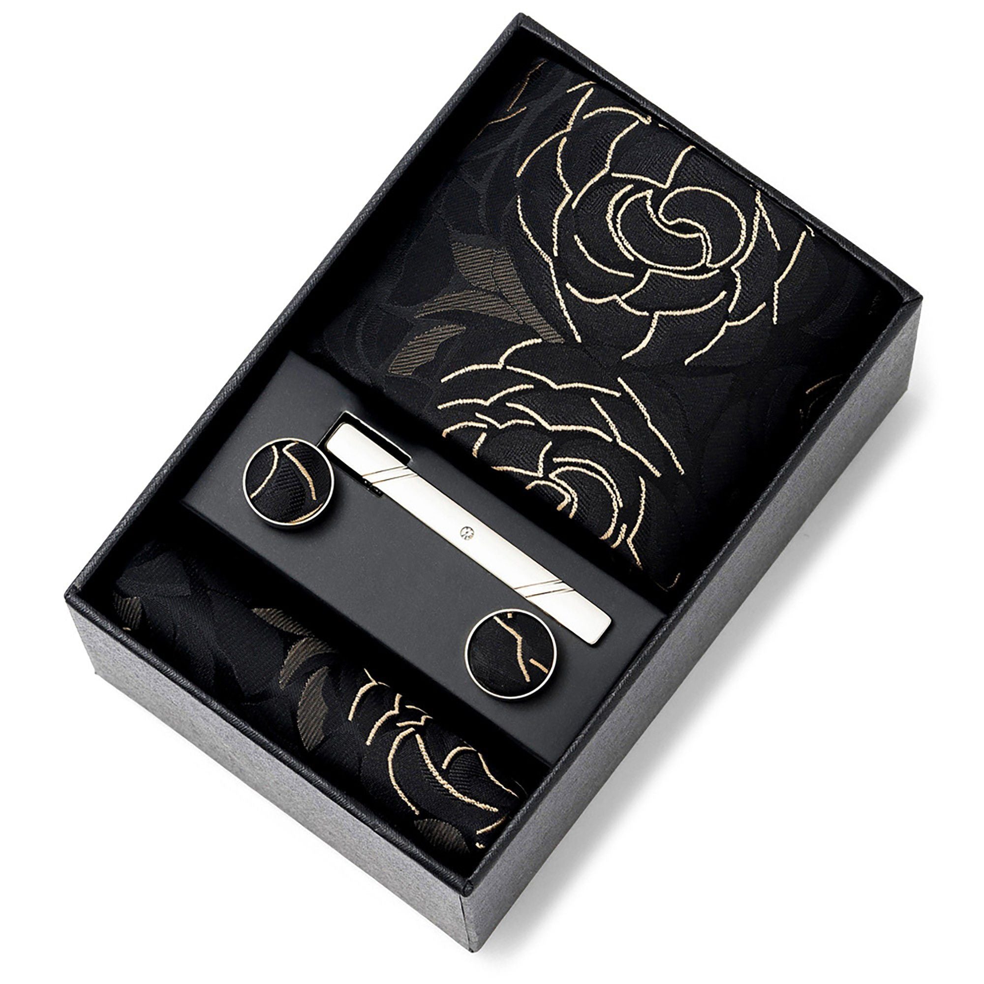 Men's Rose Floral Tie Gift Set with Matching Pocket Square Cufflinks and Silver Tie Clip