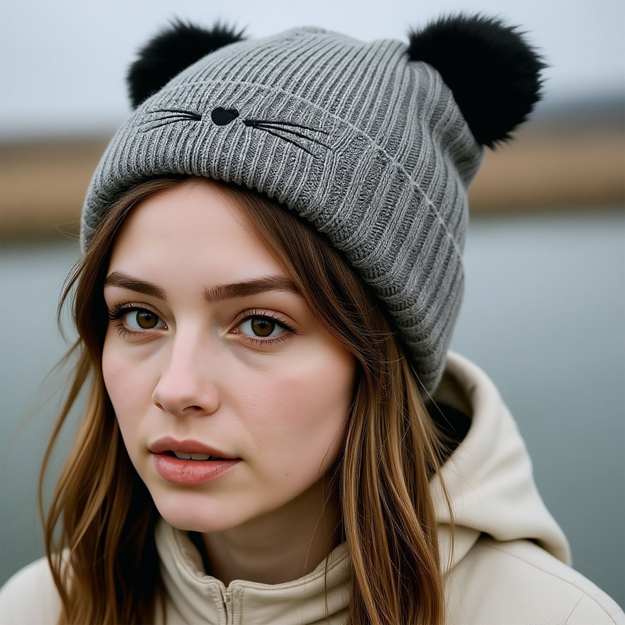 Anna-Kaci Women's Cat Ear Knit Beanie - Faux Fur Ears with Valentine Heart Whisker Embroidery for Cute Casual Winter Wear