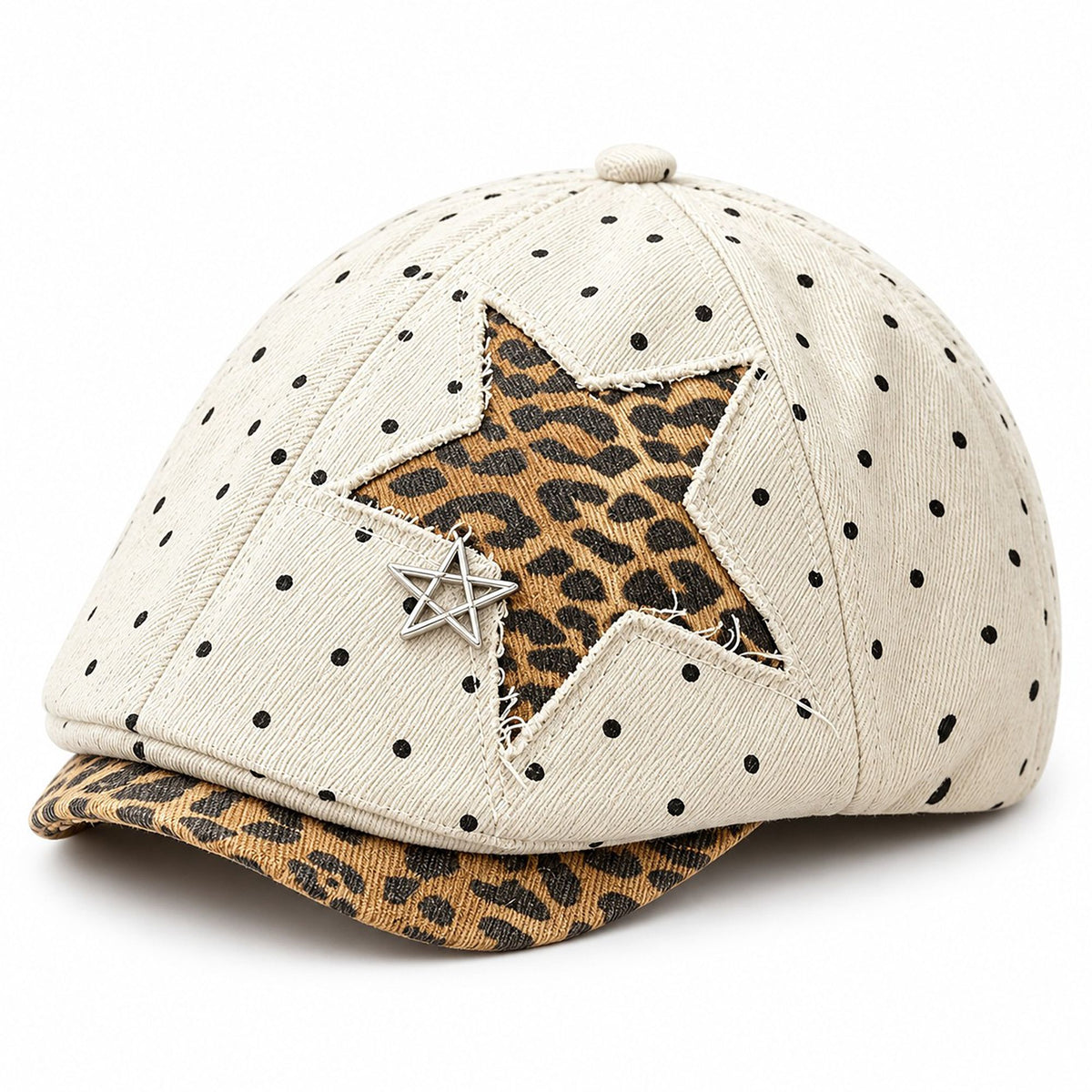 Polka Dot Newsboy Cap with Leopard Print Star and Charm
