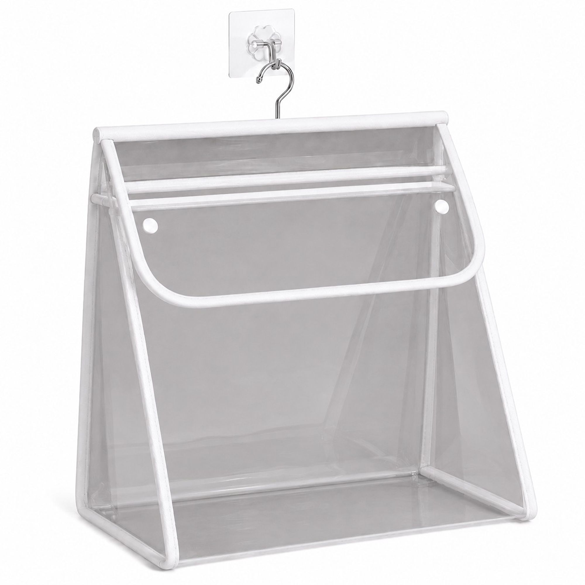 Bolsa organizadora de pared colgante transparente con gancho y solapa a presión para baño