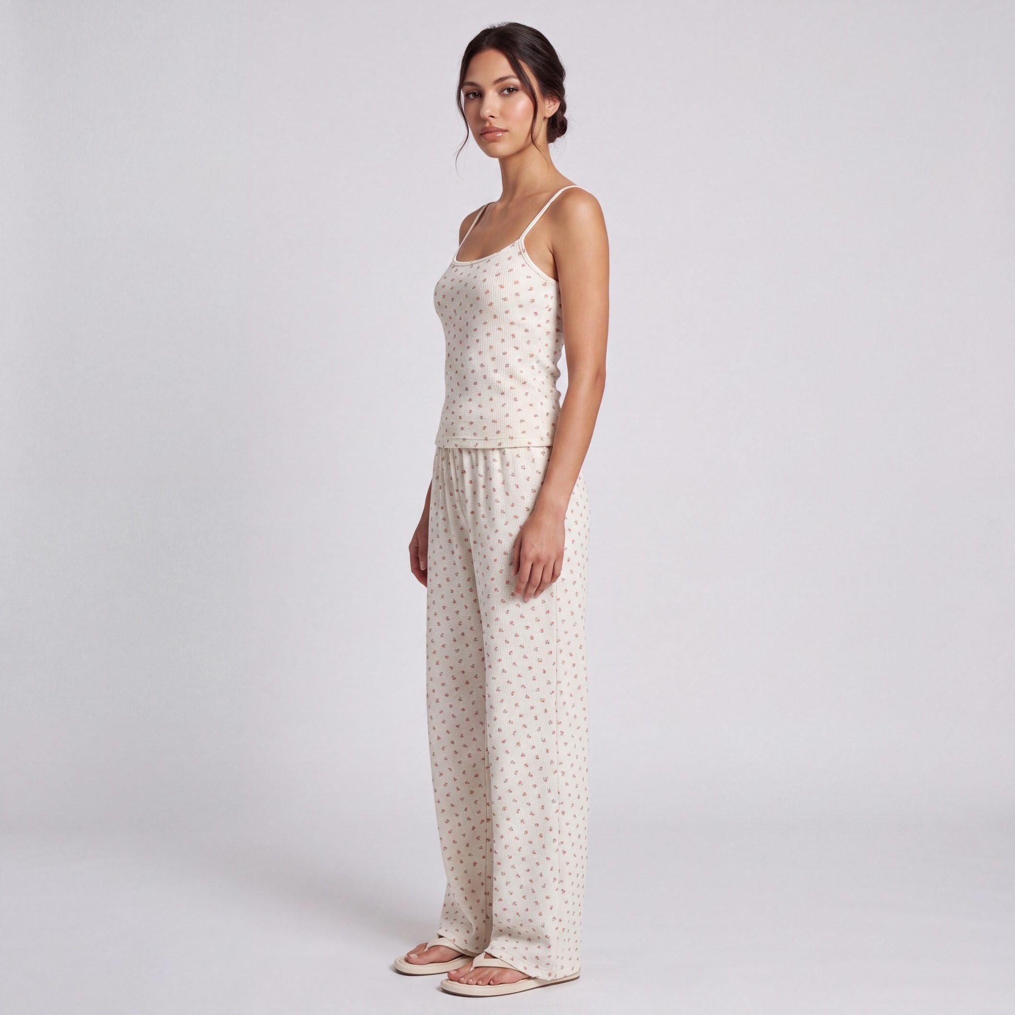 2-Piece Set Waffle Knit Ditsy Floral Camisole with Adjustable Straps and Relaxed Wide Leg Lounge Pants