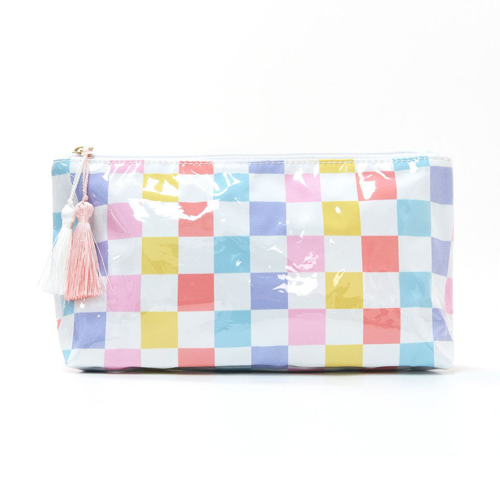 Rainbow Check PVC Cosmetic Pouch Makeup Bag with Zip Closure