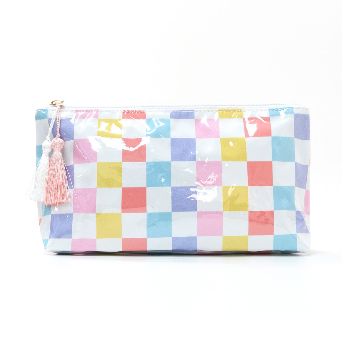 Rainbow Check PVC Cosmetic Pouch Makeup Bag with Zip Closure