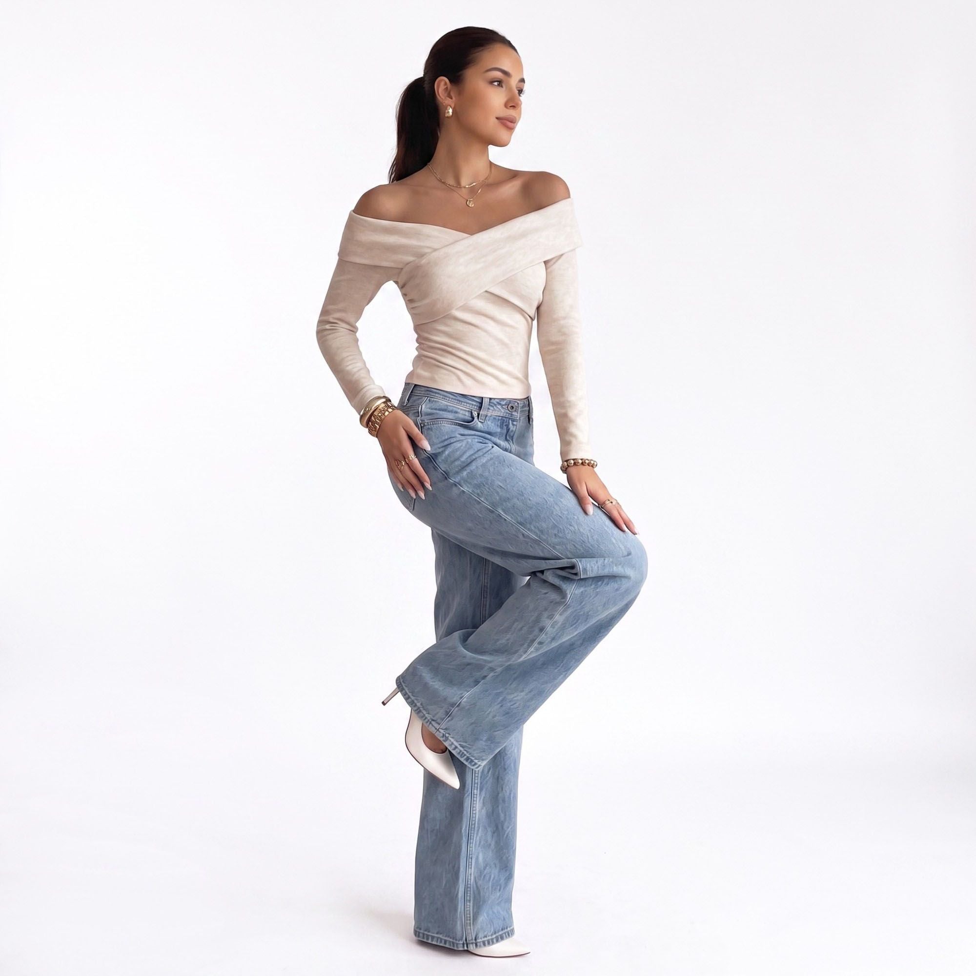Off Shoulder Criss Cross Long Sleeve Knit Top