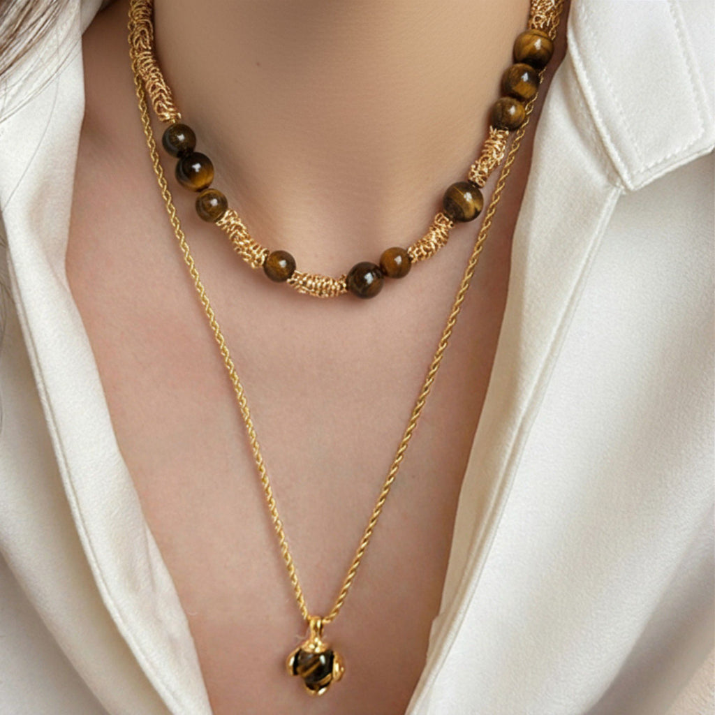 Women's Layered Necklace Set with Beaded Choker and Gemstone Pendant