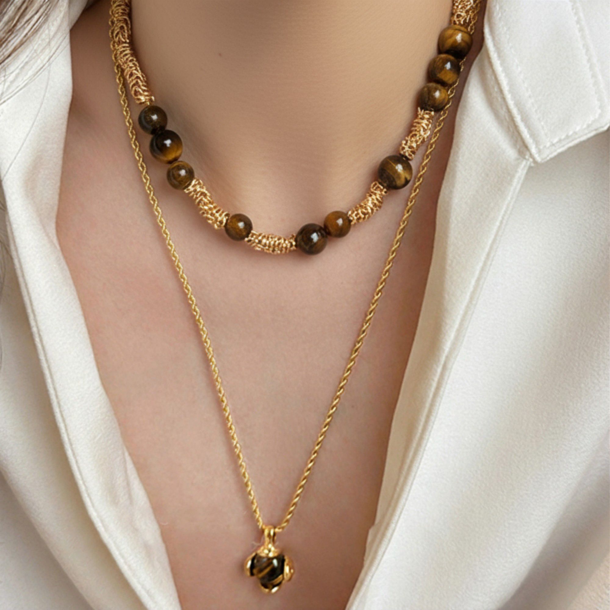 Women's Layered Necklace Set with Beaded Choker and Gemstone Pendant