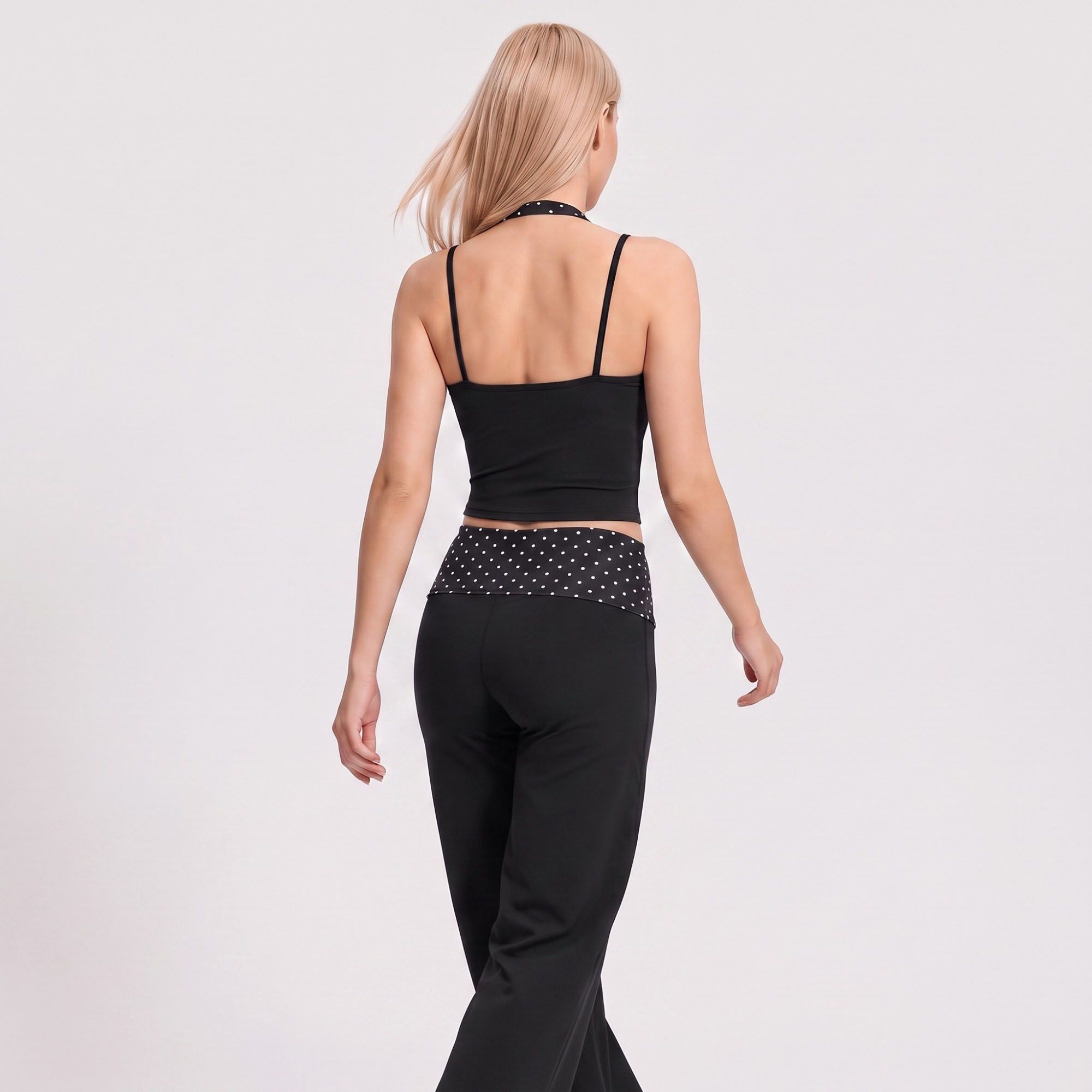 Layered Polka Dot Halter Cropped Active Tank Top with Slim Straps for Yoga and Athleisure