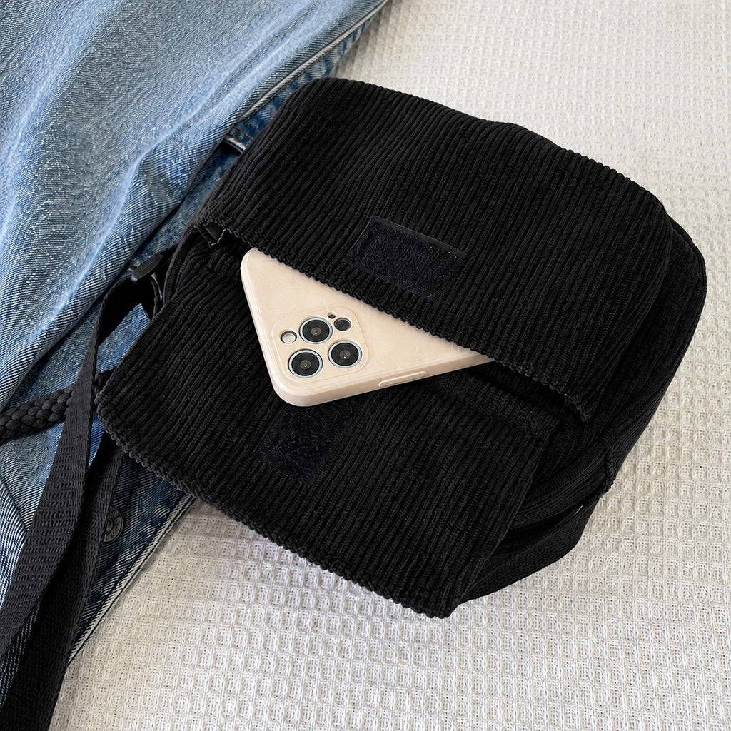 Corduroy Crossbody Bag with Front Pocket Adjustable Strap and Zip Closure