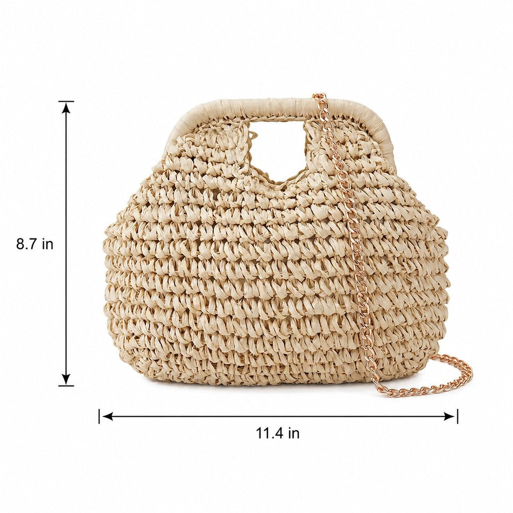 Small Woven Straw Handbag Chain Crossbody Bag with Top Handle and Flap Closure