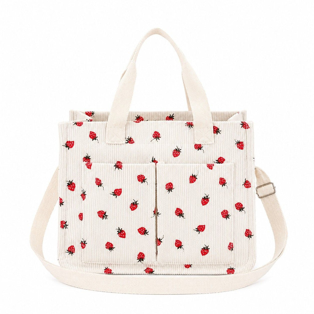 Canvas Strawberry Print Tote Bag with Shoulder Strap and Side Pockets