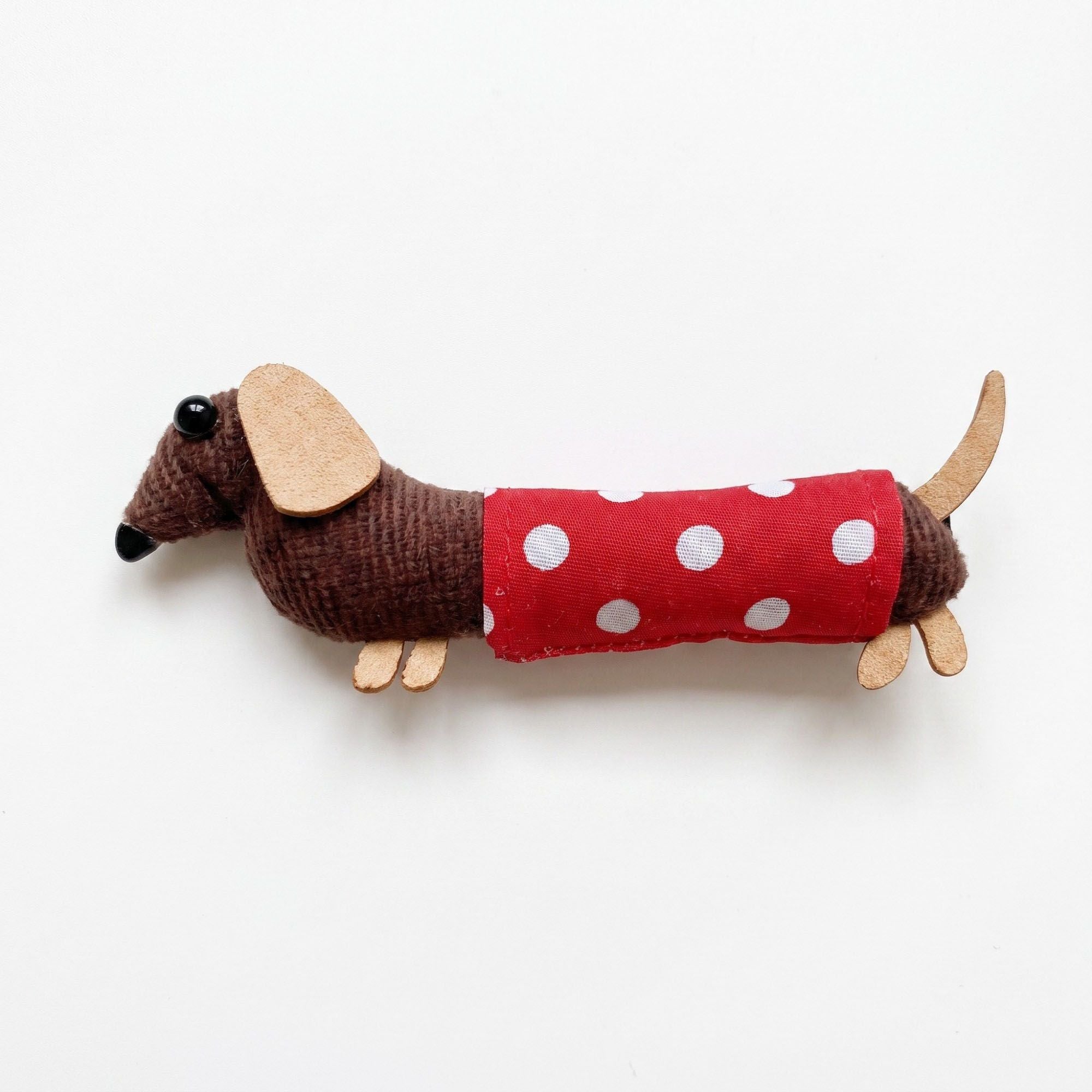 3pc Dachshund Dog Hair Clip Set Polka Dot Fabric Puppy Barrettes