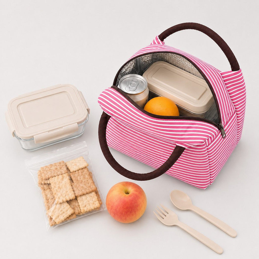 Insulated Striped Lunch Bag Reusable Soft Cooler Tote for Work School Picnic